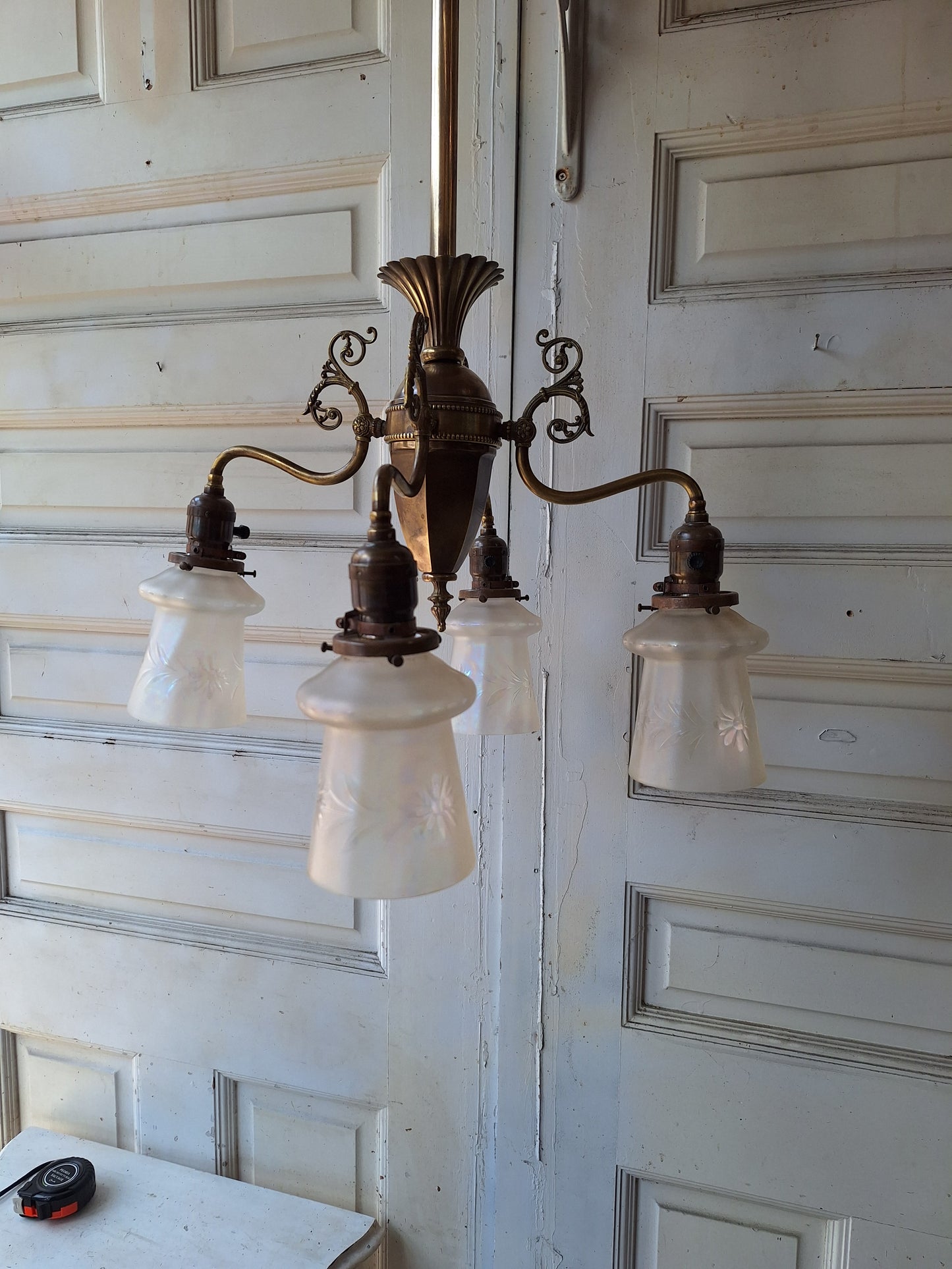 Early Electric Antique Chandelier, Victorian Era Brass Chandelier Light