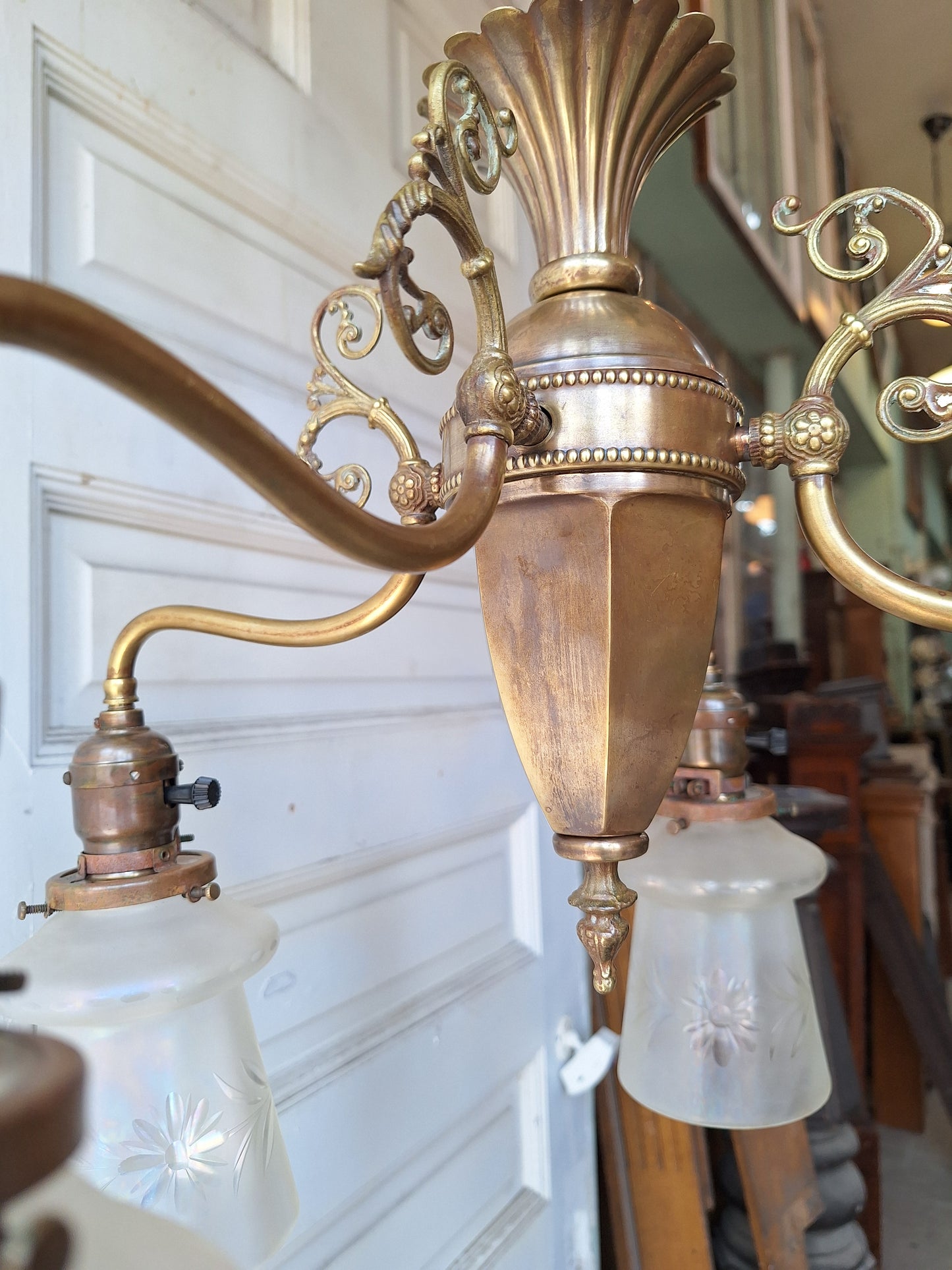 Early Electric Antique Chandelier, Victorian Era Brass Chandelier Light