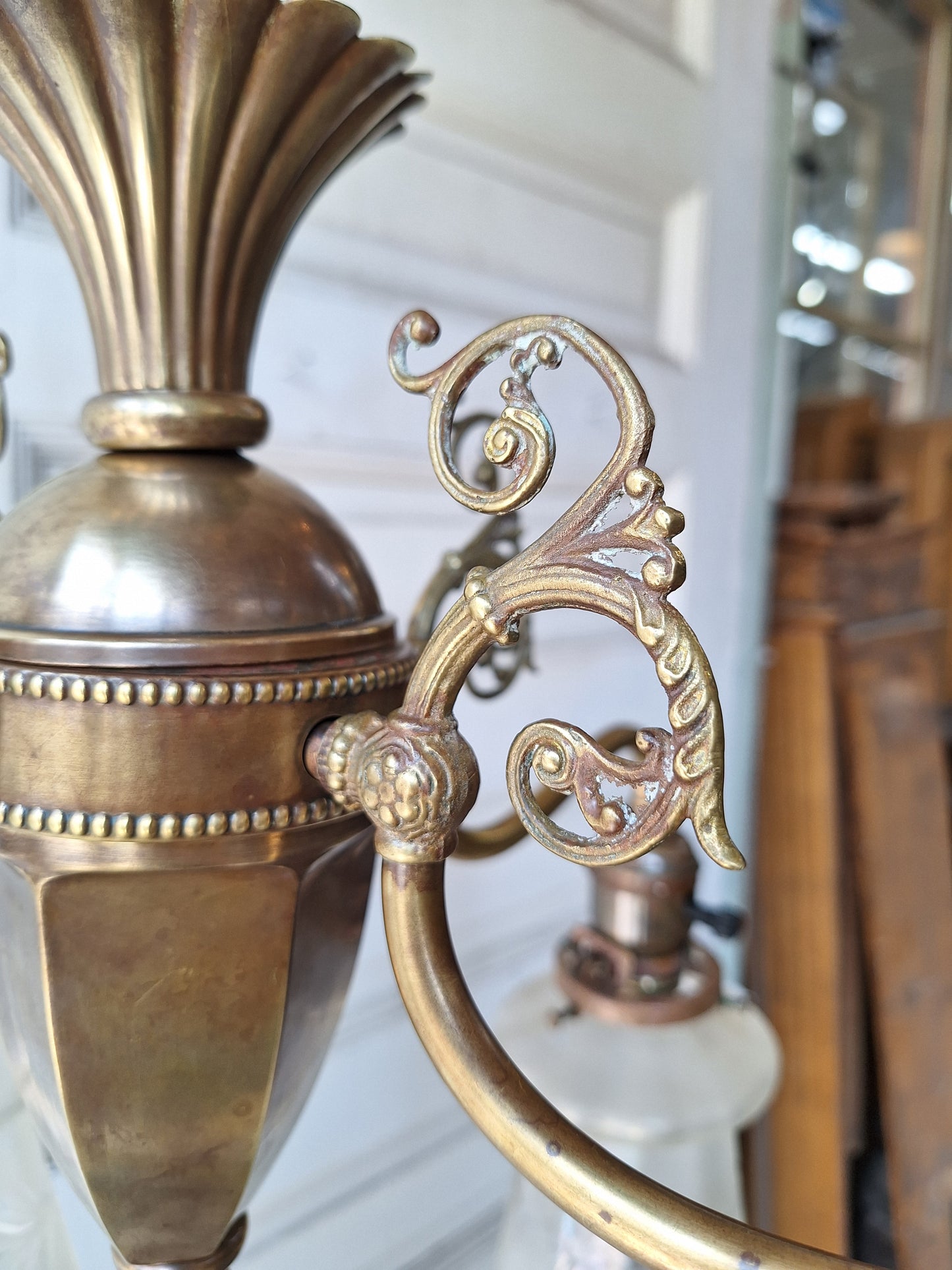 Early Electric Antique Chandelier, Victorian Era Brass Chandelier Light