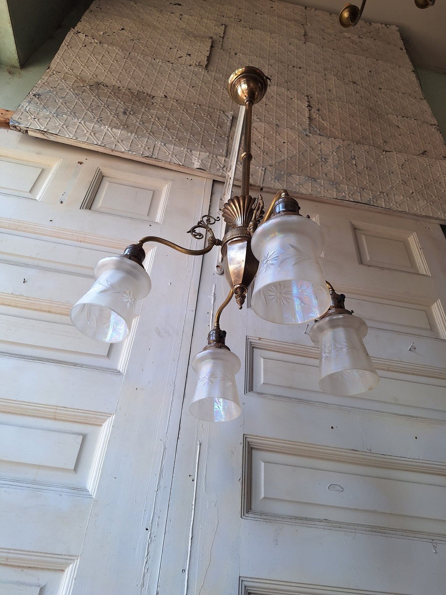 Early Electric Antique Chandelier, Victorian Era Brass Chandelier Light