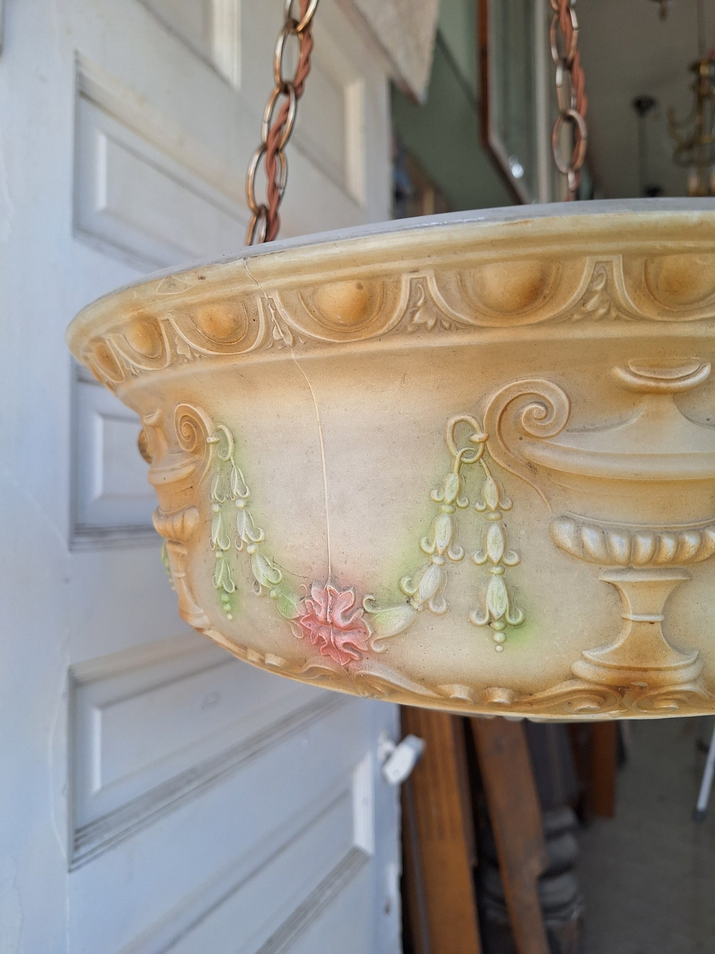 Antique Inverted Dome Chandelier with Molded Glass Bowl, Antique Hanging Glass Bowl Chandelier