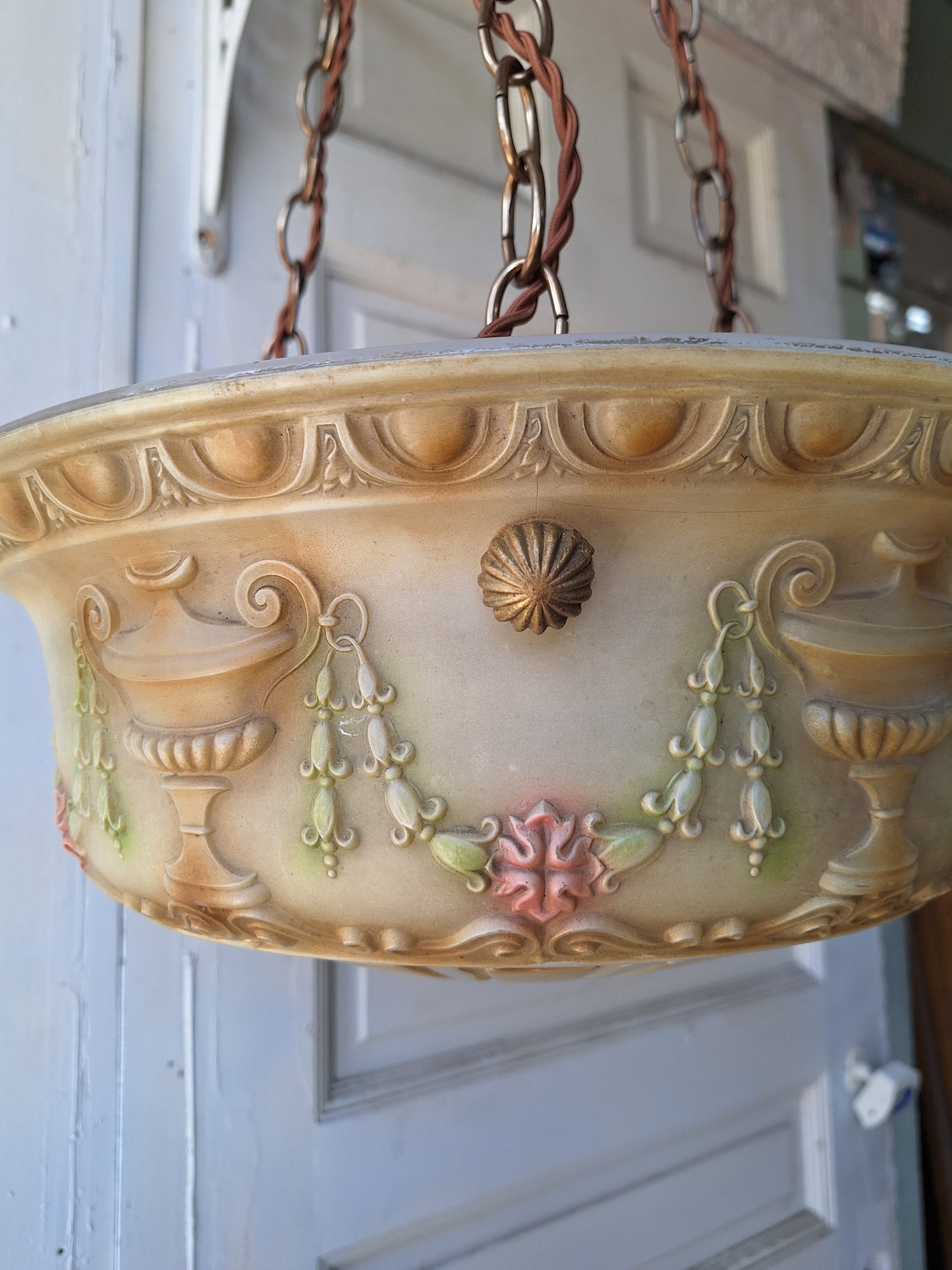 Antique Inverted Dome Chandelier with Molded Glass Bowl, Antique Hanging Glass Bowl Chandelier
