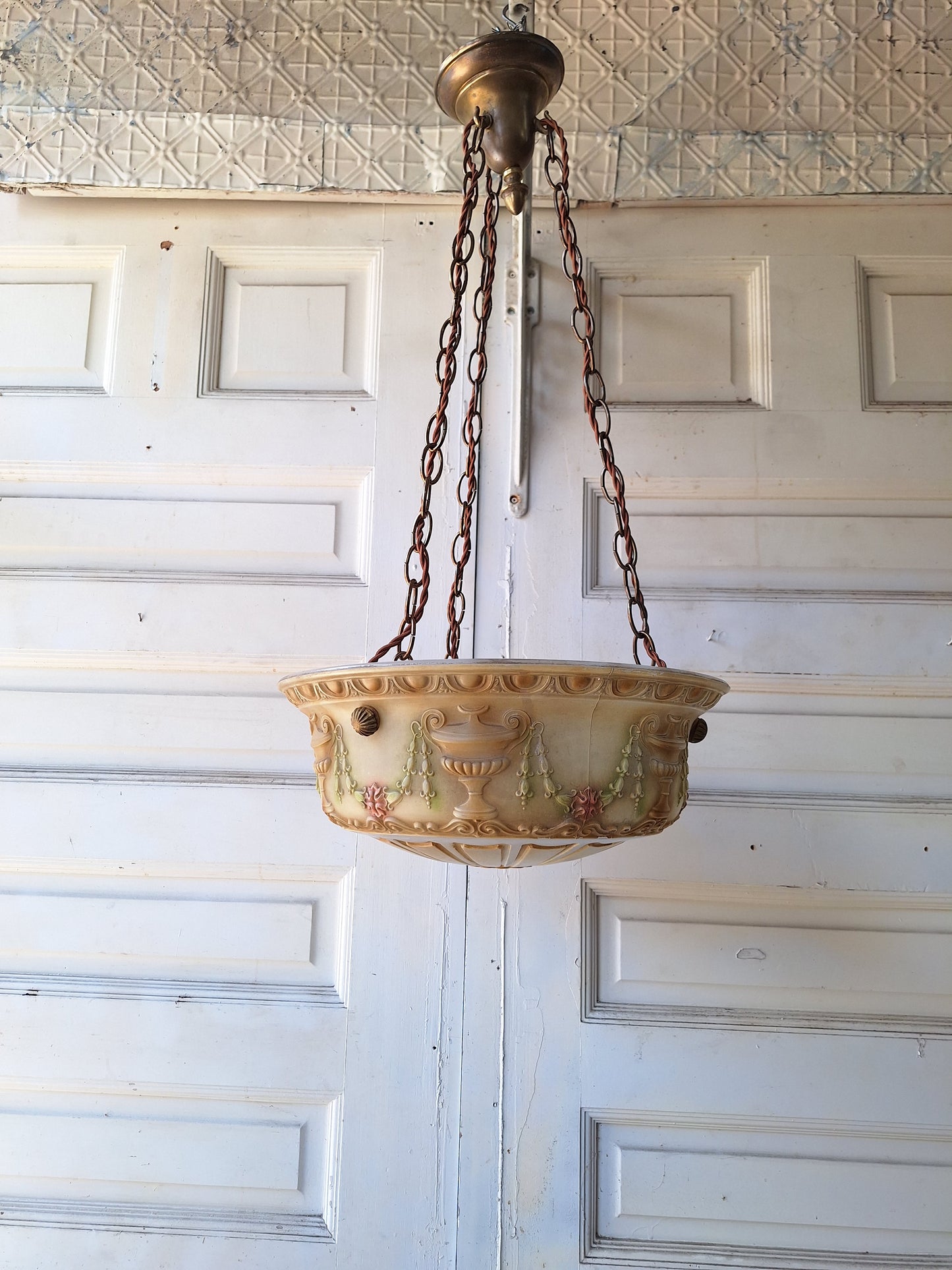 Antique Inverted Dome Chandelier with Molded Glass Bowl, Antique Hanging Glass Bowl Chandelier