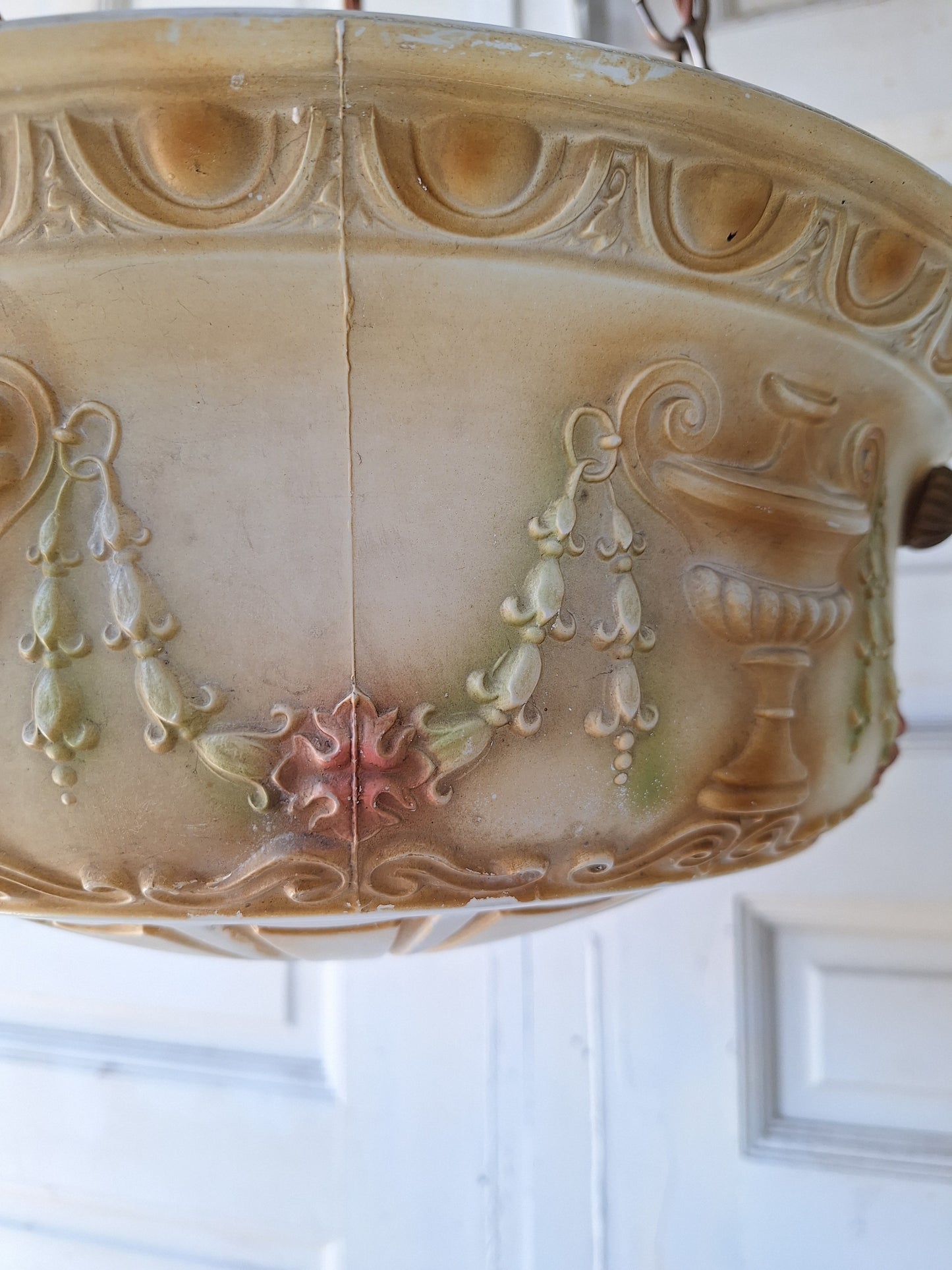 Antique Inverted Dome Chandelier with Molded Glass Bowl, Antique Hanging Glass Bowl Chandelier