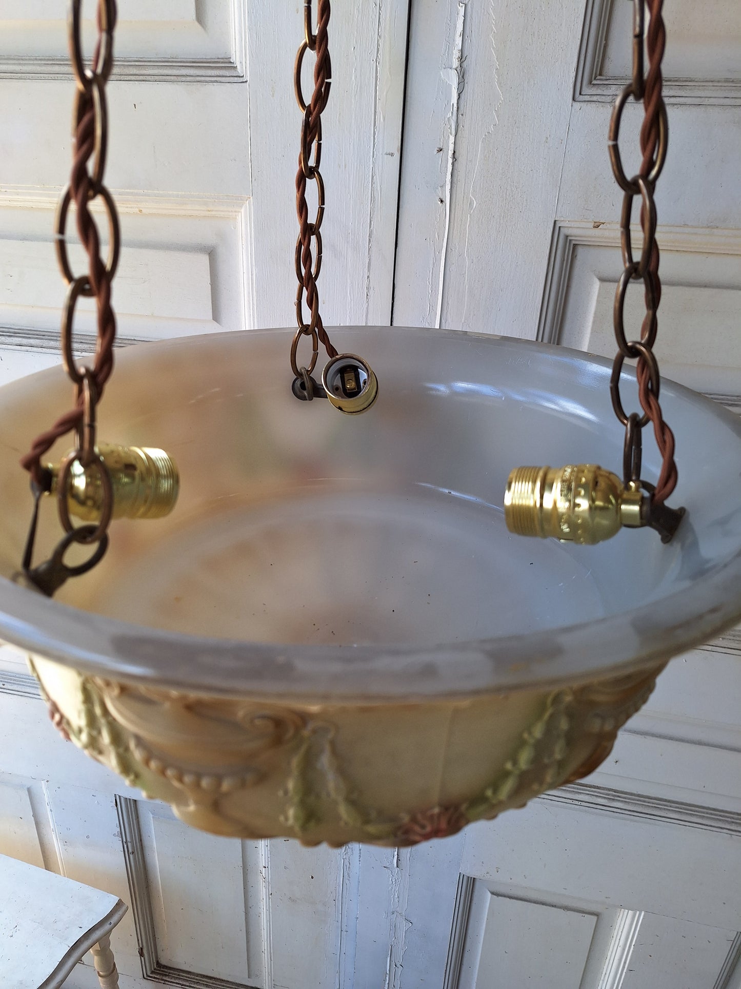 Antique Inverted Dome Chandelier with Molded Glass Bowl, Antique Hanging Glass Bowl Chandelier