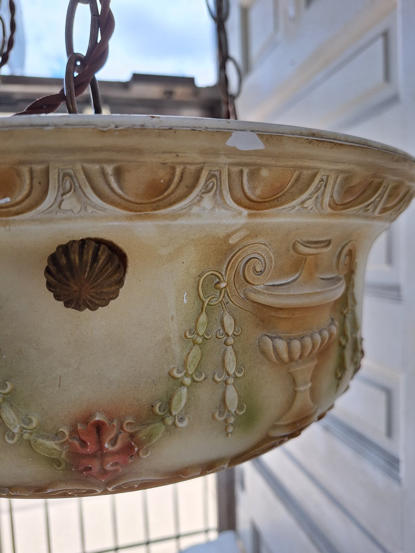 Antique Inverted Dome Chandelier with Molded Glass Bowl, Antique Hanging Glass Bowl Chandelier
