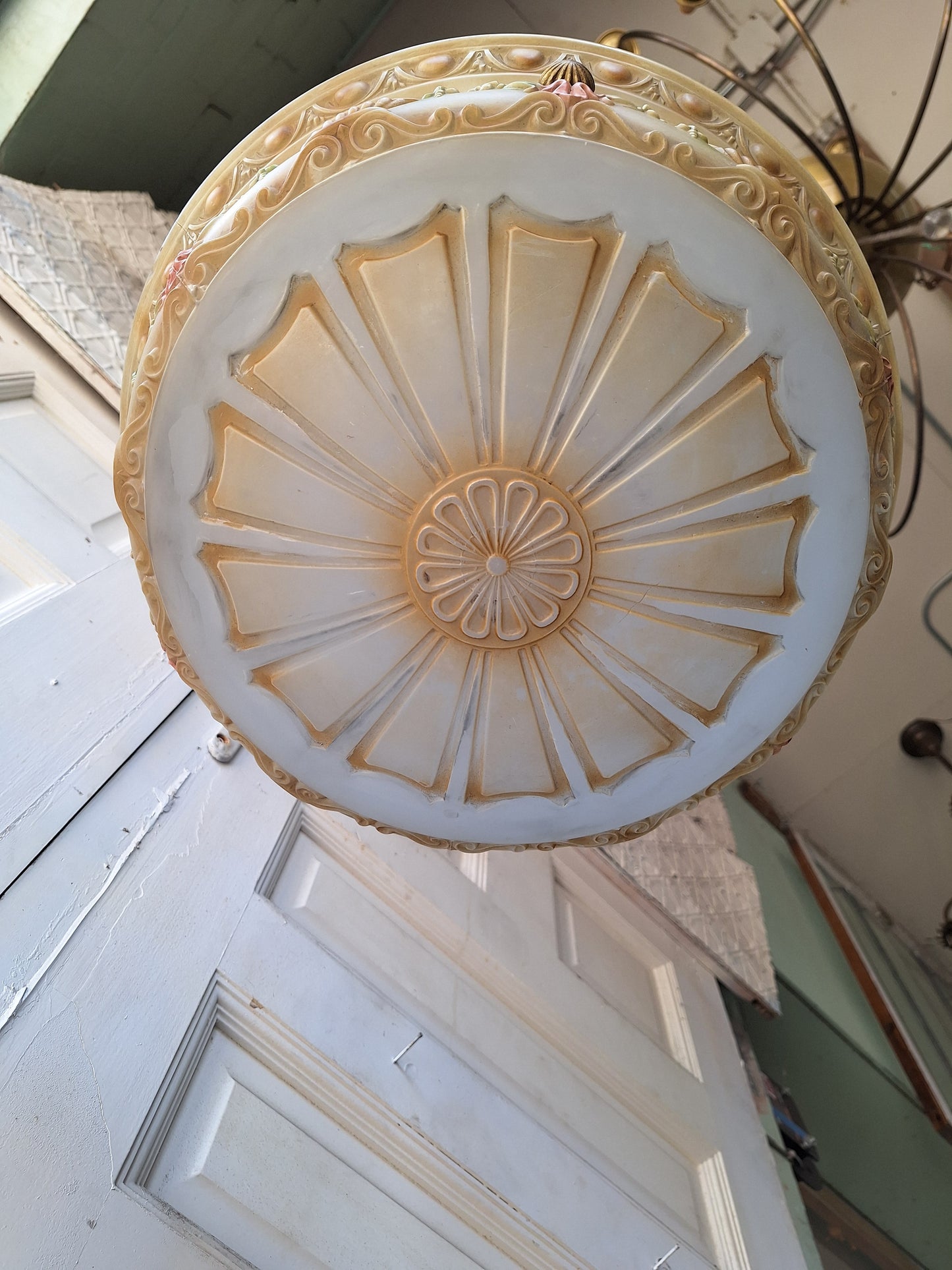 Antique Inverted Dome Chandelier with Molded Glass Bowl, Antique Hanging Glass Bowl Chandelier