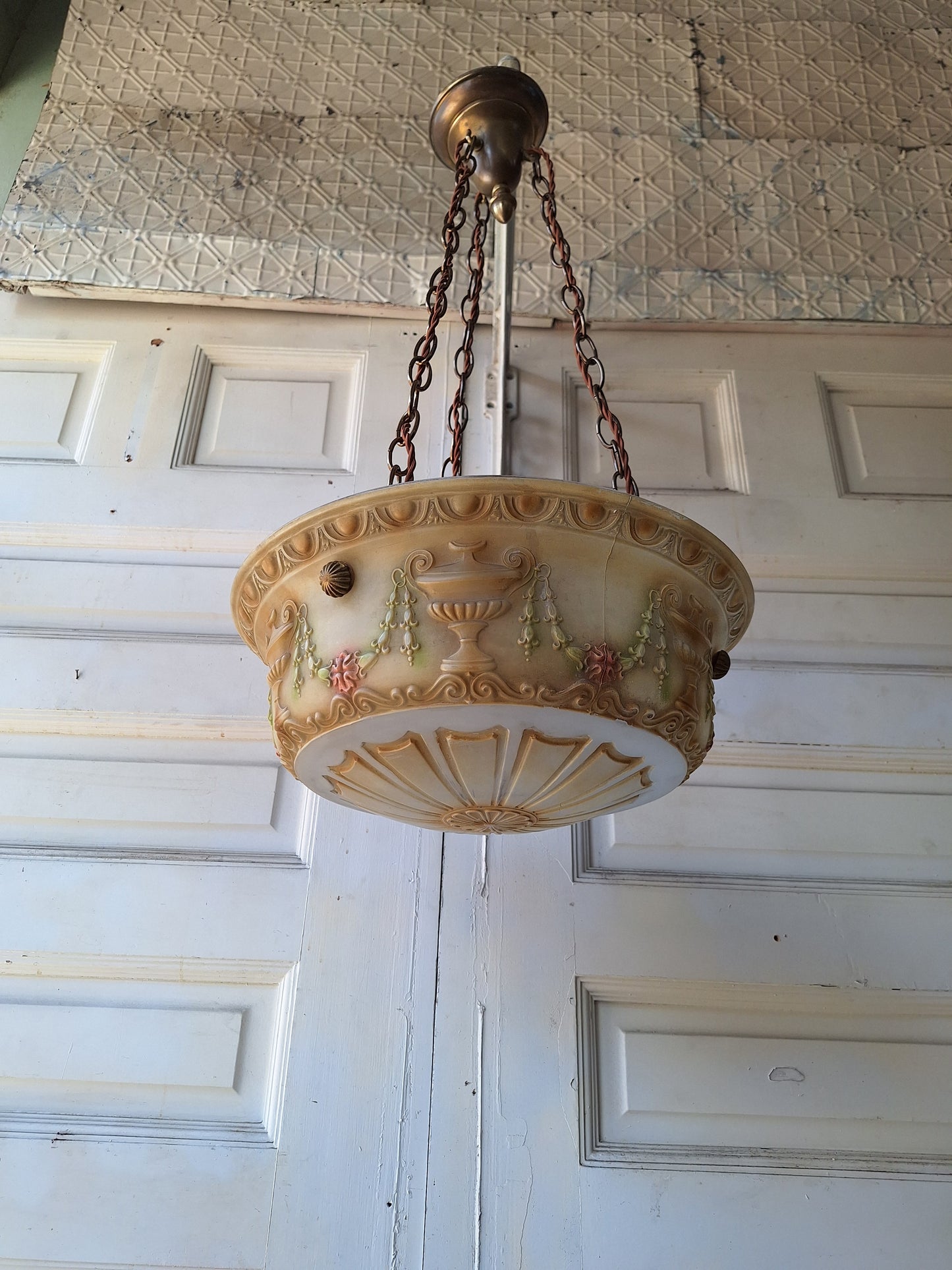 Antique Inverted Dome Chandelier with Molded Glass Bowl, Antique Hanging Glass Bowl Chandelier