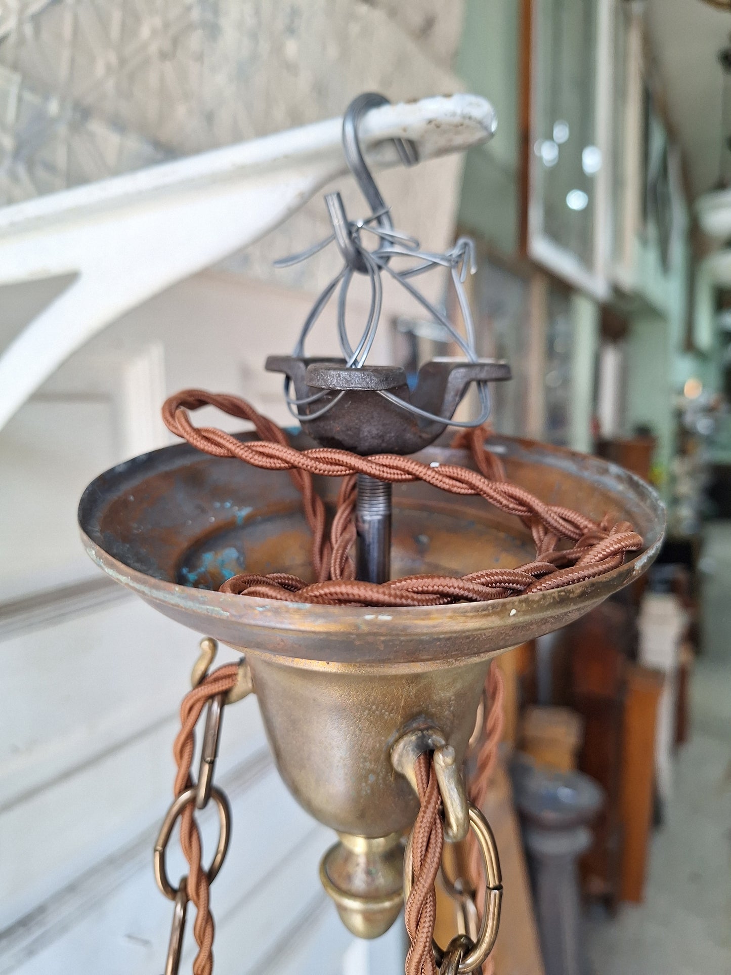 Antique Inverted Dome Chandelier with Molded Glass Bowl, Antique Hanging Glass Bowl Chandelier
