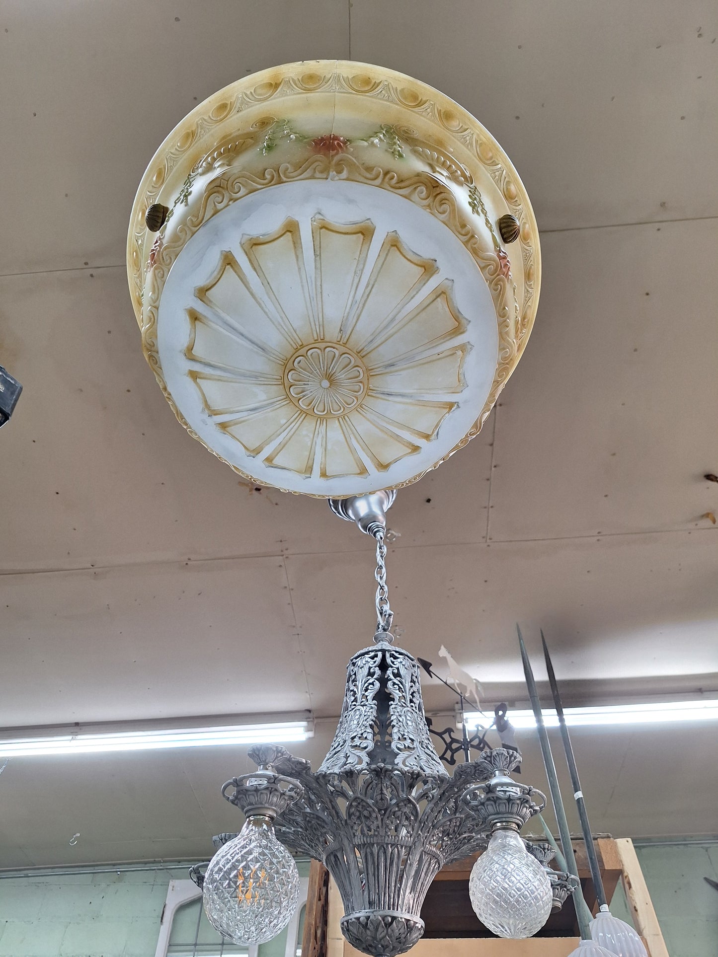 Antique Inverted Dome Chandelier with Molded Glass Bowl, Antique Hanging Glass Bowl Chandelier