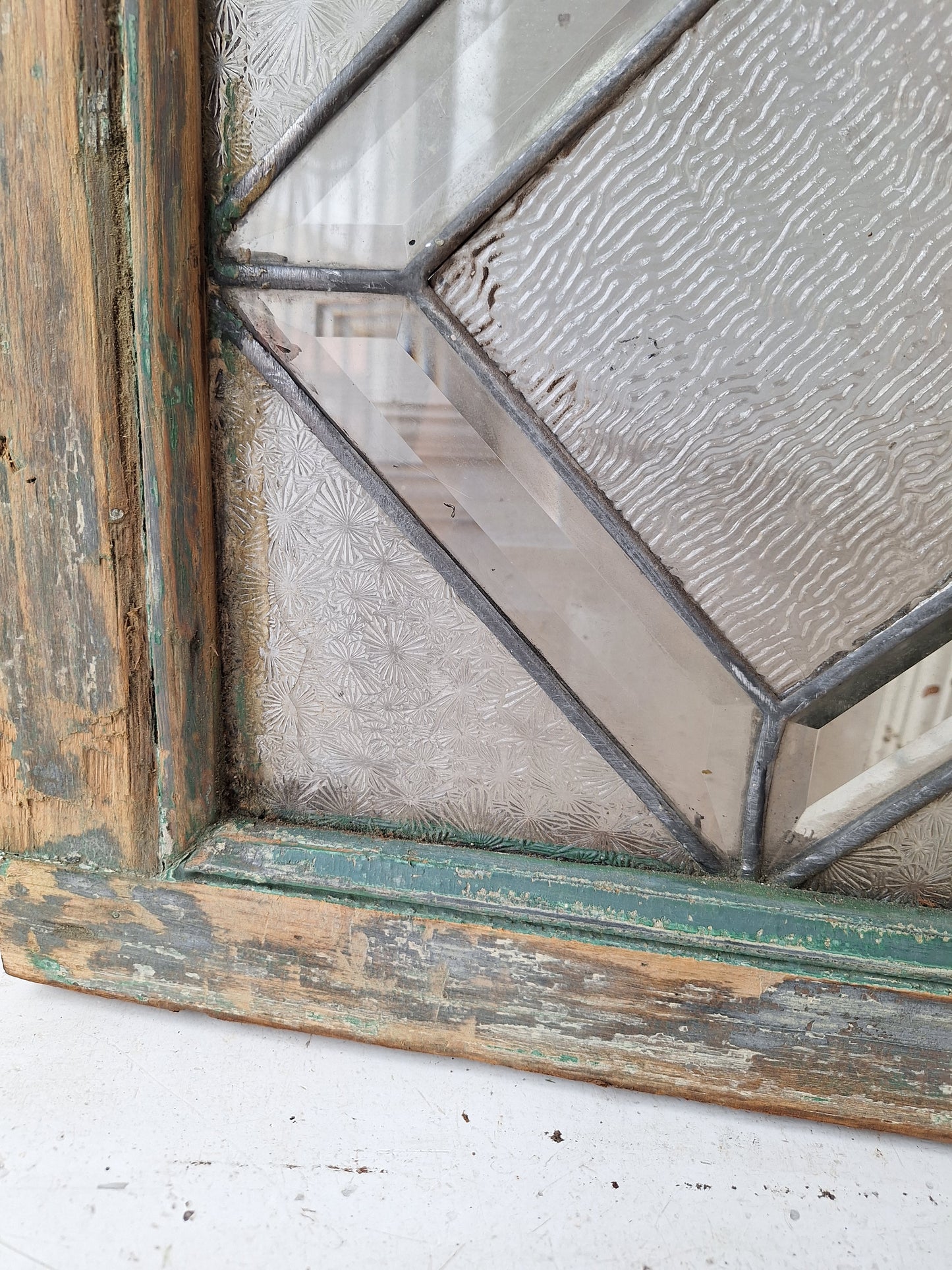 48" Antique Woven Pattern Beveled Glass Transom Window, Victorian Stained Glass Leaded Window