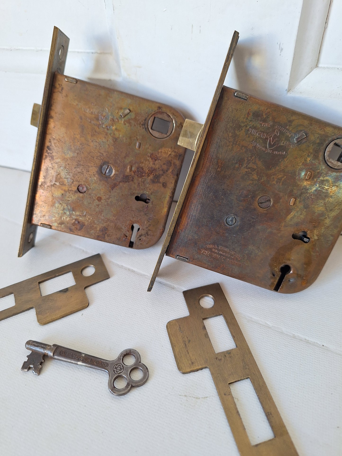 Two Antique Mortise Locks with Skeleton Key, Antique Keyed Door Lock, Antique Door Card with Working Key, Architecture Salvage 090509
