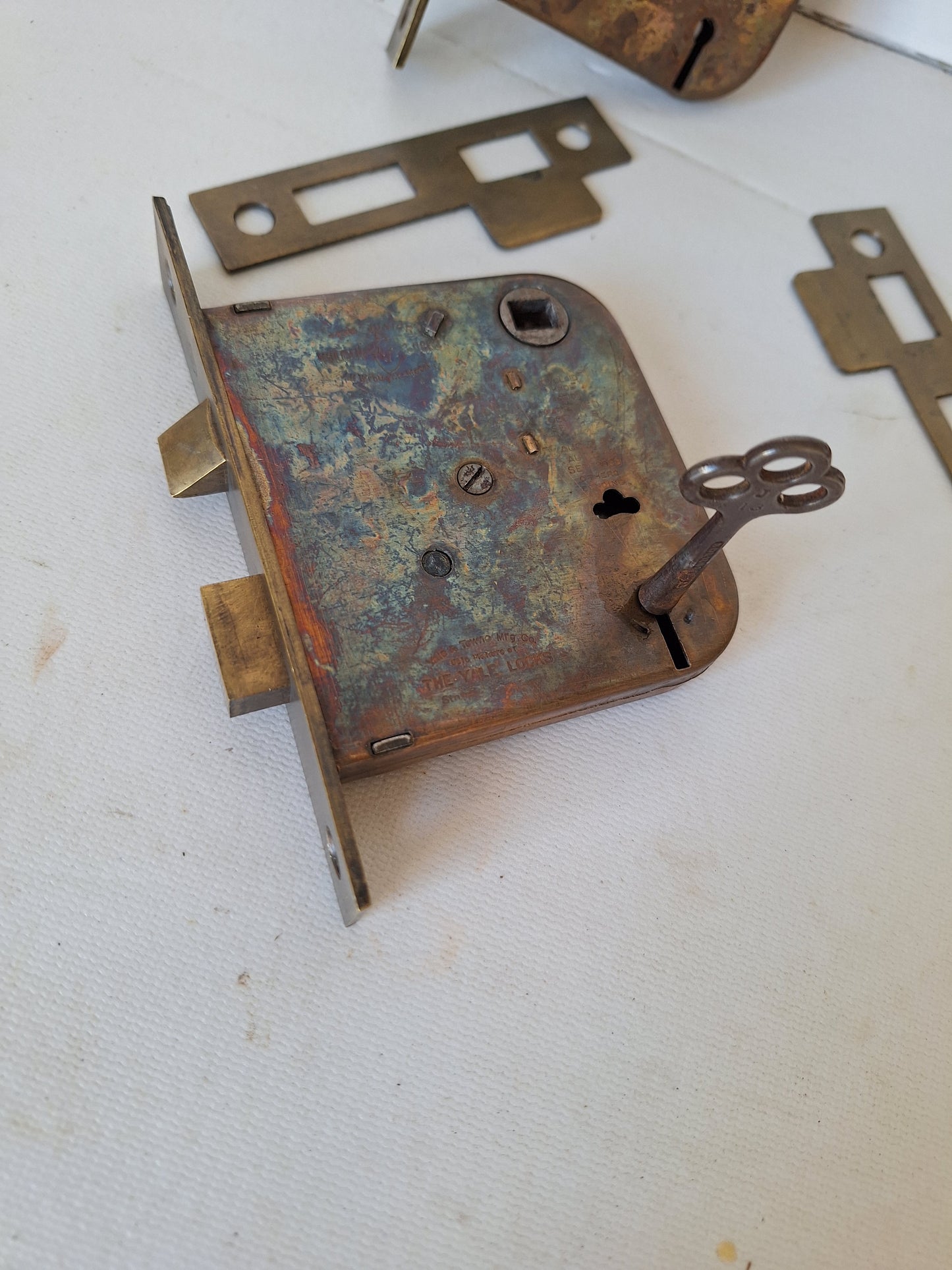 Two Antique Mortise Locks with Skeleton Key, Antique Keyed Door Lock, Antique Door Card with Working Key, Architecture Salvage 090509