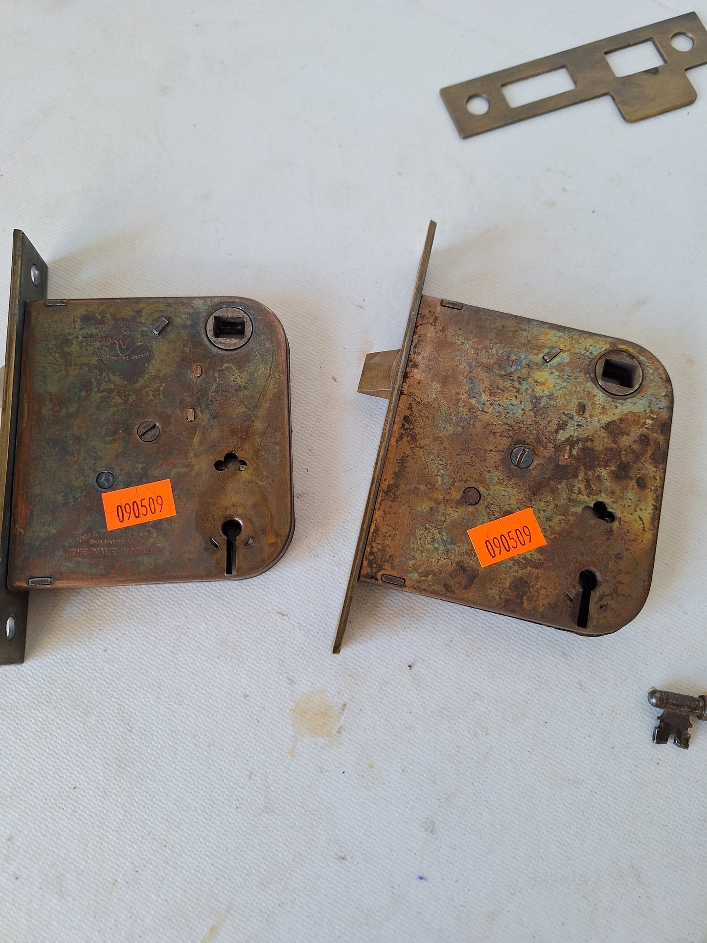 Two Antique Mortise Locks with Skeleton Key, Antique Keyed Door Lock, Antique Door Card with Working Key, Architecture Salvage 090509