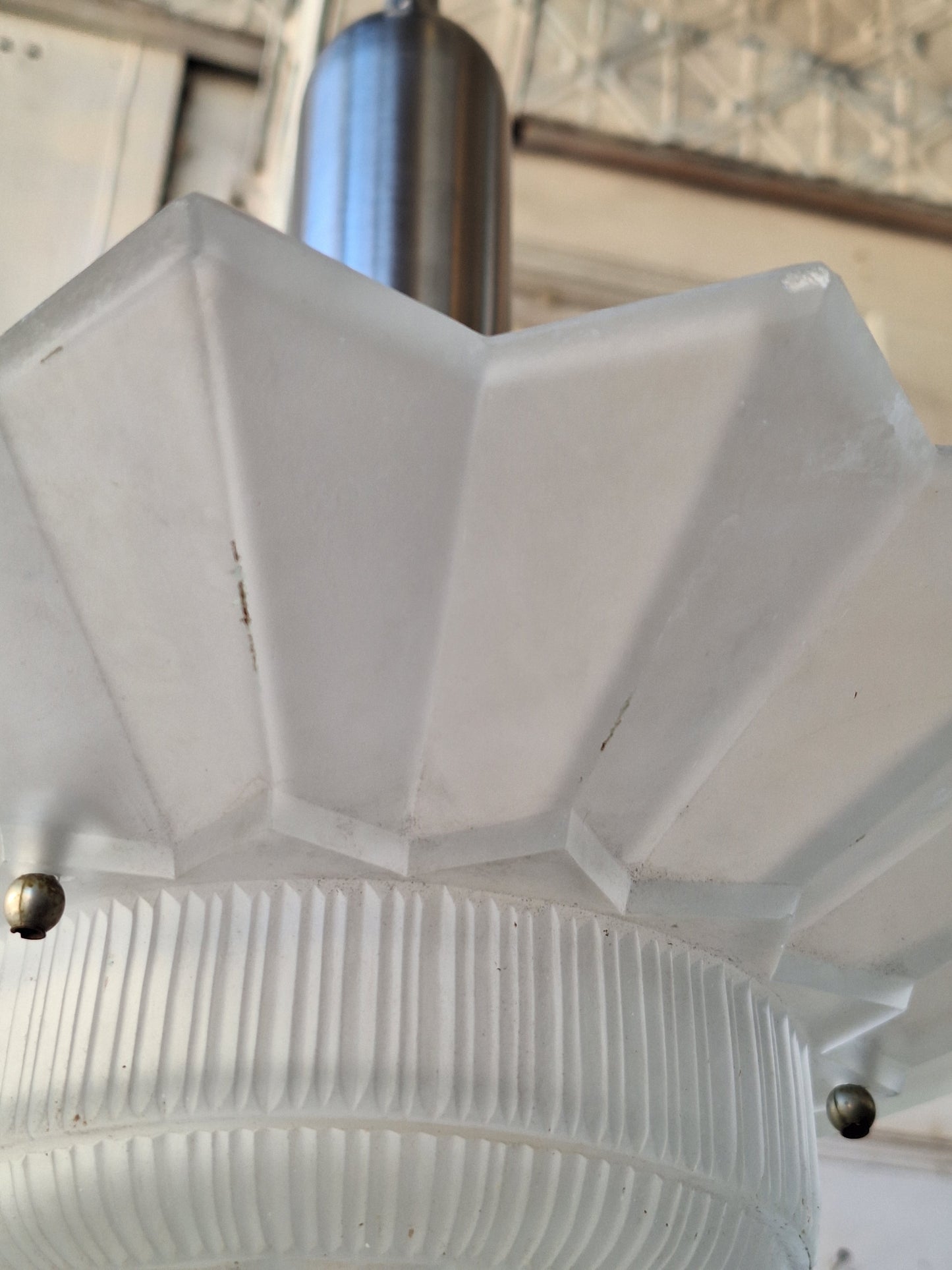 Star Design Molded Glass Shade Three Chain Art Deco Light, Semi Flush Antique Light Shade, Etched Glass Vintage Shade, Architectural Salvage