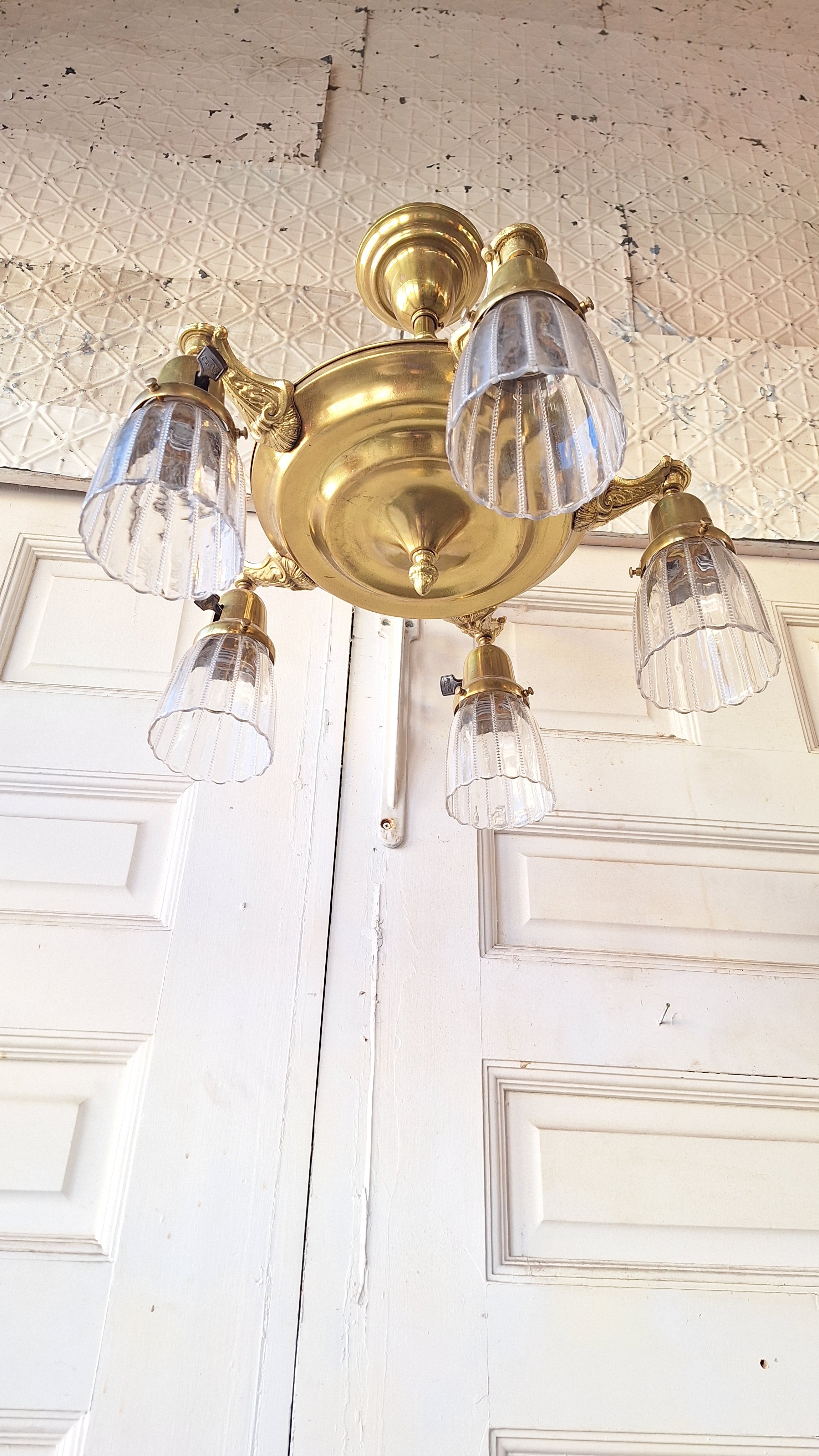 Five Arm Antique Brass Pan Light, Brass Chandelier, Antique Brass Ligh