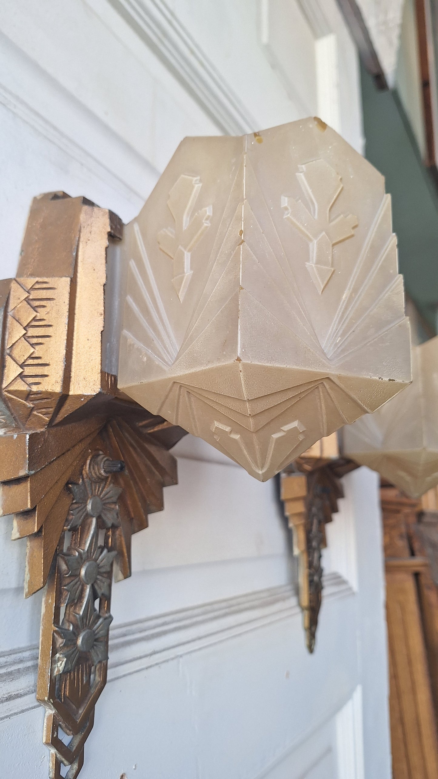 Pair of Art Deco Slip Shade Antique Sconces, Art Deco Wall Lights, Vintage Slipper Shade Sconces, Art Deco Sconce