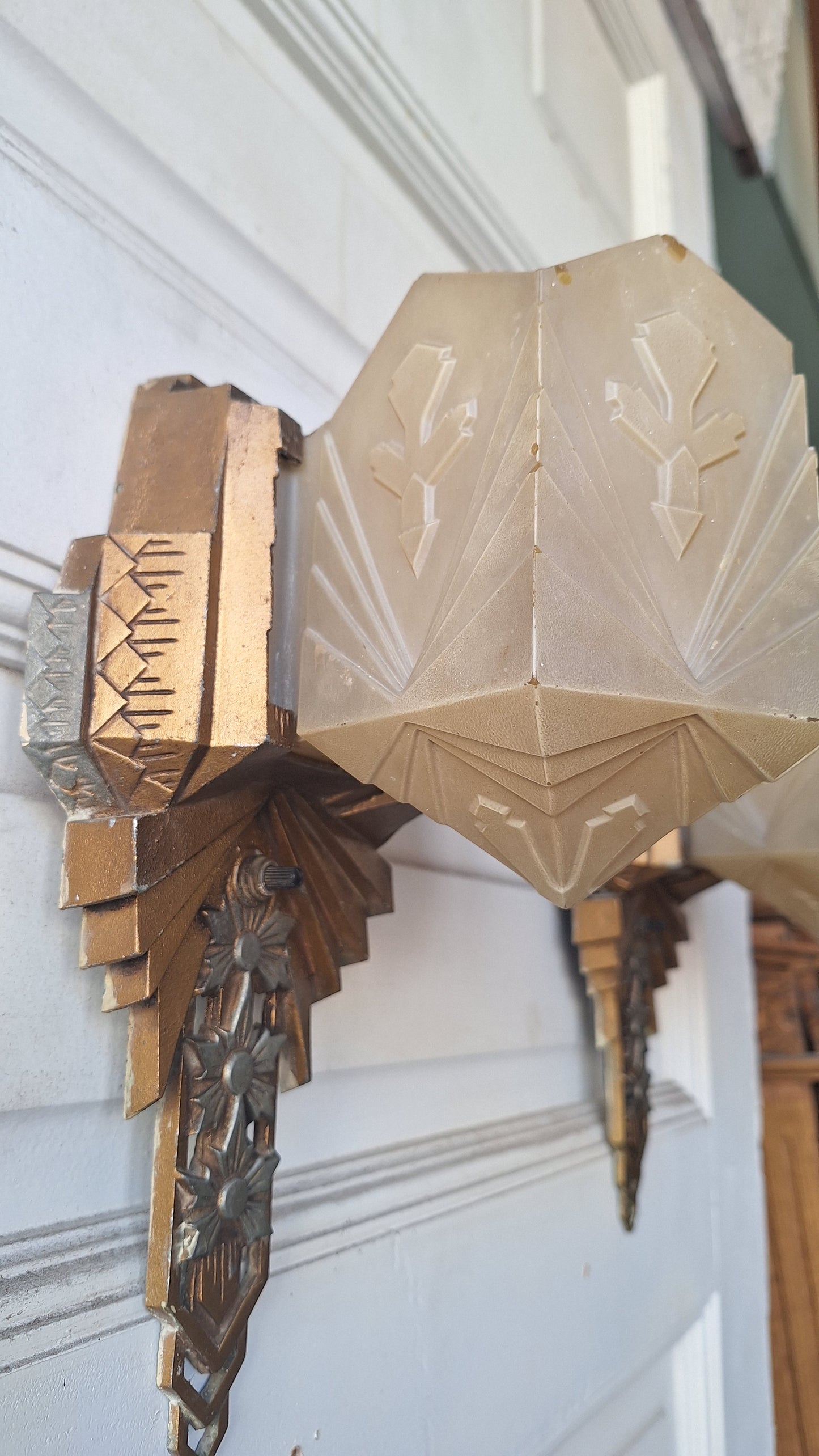 Pair of Art Deco Slip Shade Antique Sconces, Art Deco Wall Lights, Vintage Slipper Shade Sconces, Art Deco Sconce