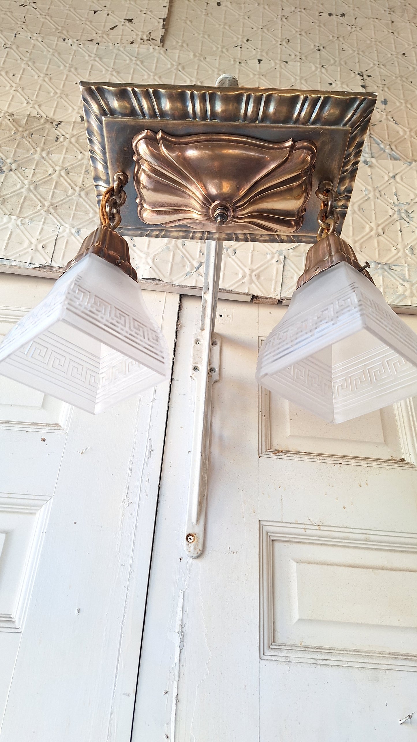 Fancy Brass Art Deco Flush Mount Light, Stamped Brass Antique Ceiling Light, Copper Vintage Light, Antique Copper Light