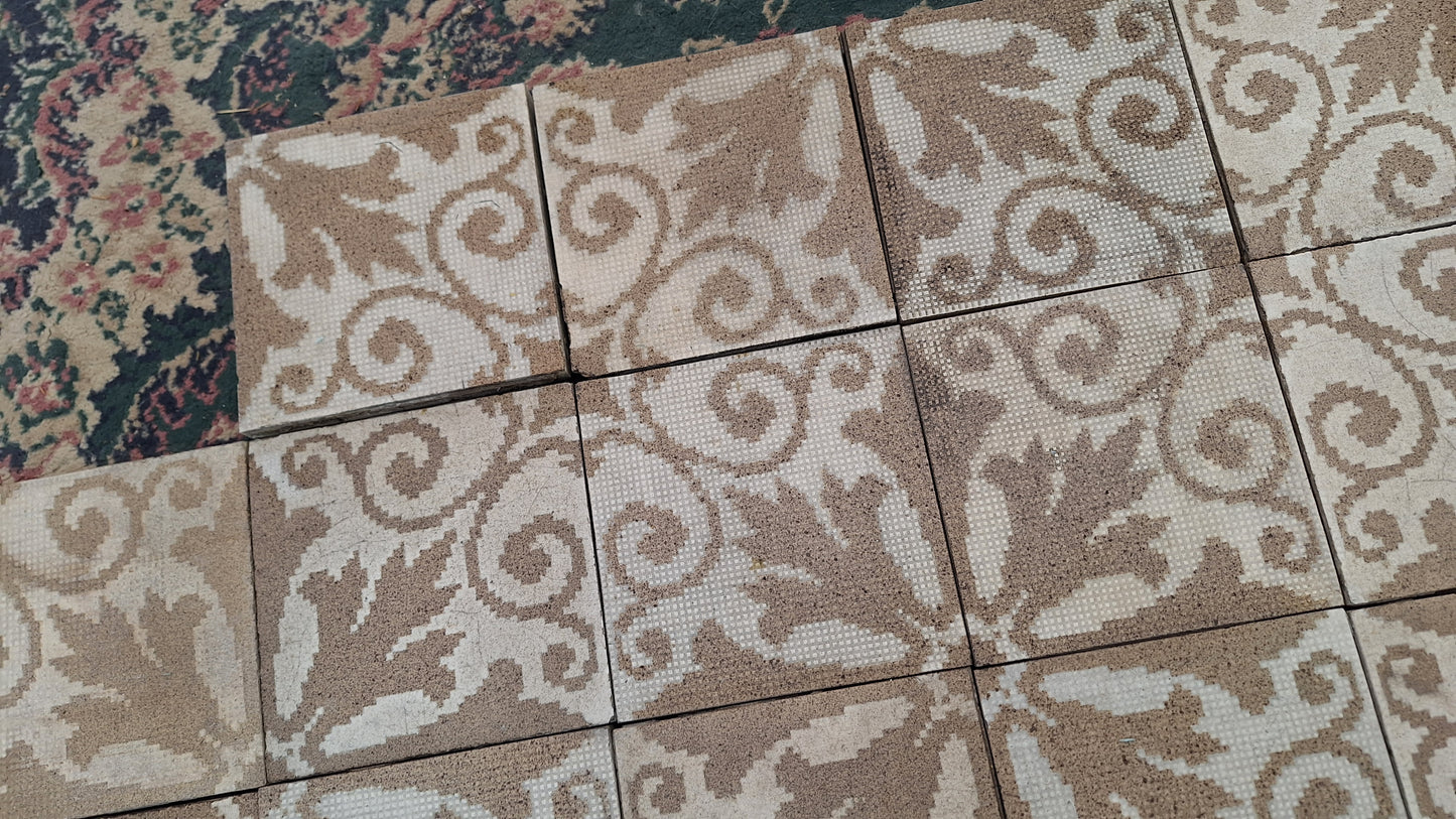 39 Antique Floor Tiles, 6x6 Antique Tile, Mosaic Floor Tile, Patterned Floor Tile, Salvaged Tile, Off White and Brown