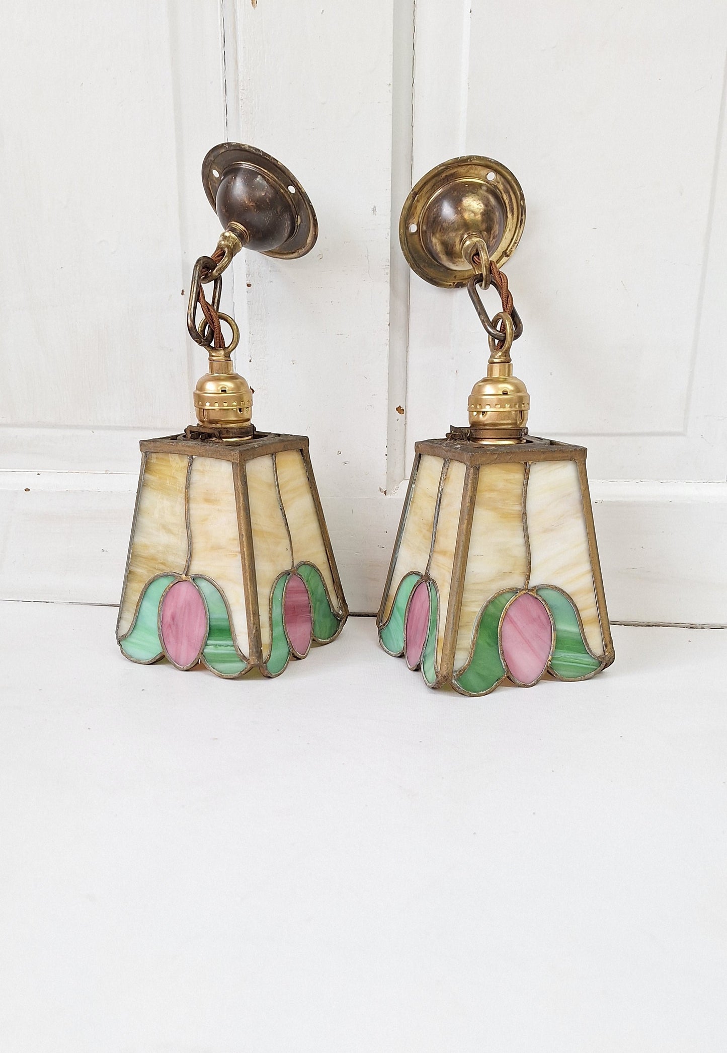 Pair of Stained Glass Antique Pendant Lights, Tulip Design Stained Glass Ceiling Lights, Green and Pink Glass 112201