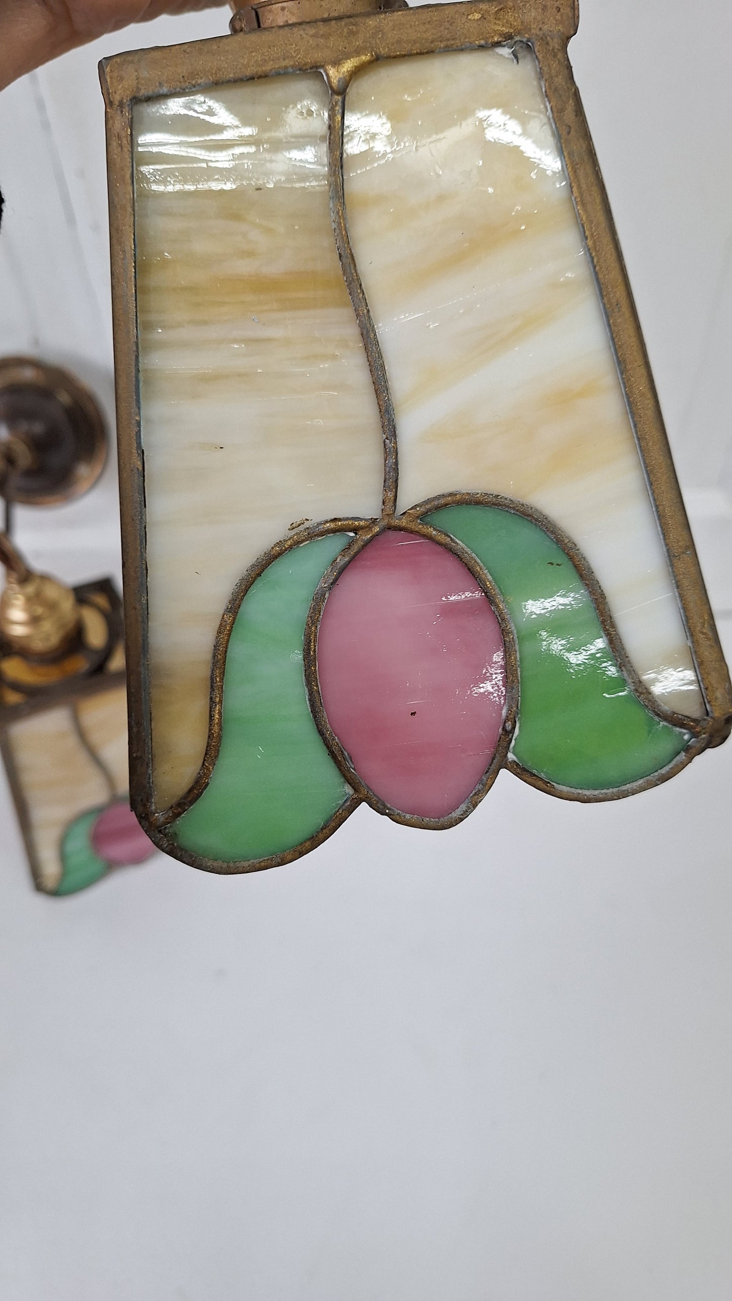 Pair of Stained Glass Antique Pendant Lights, Tulip Design Stained Glass Ceiling Lights, Green and Pink Glass 112201