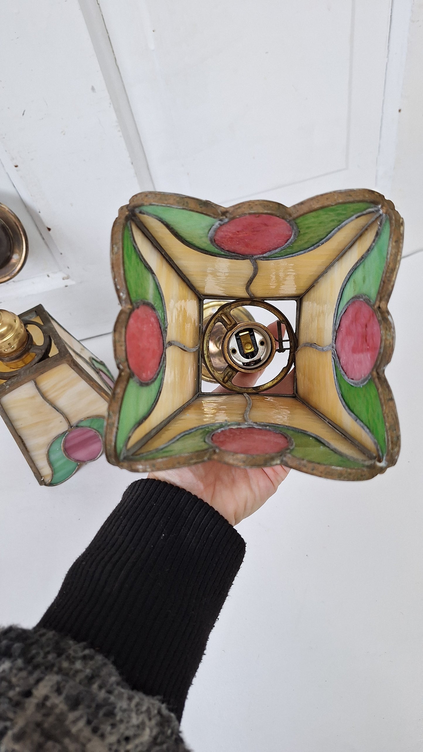 Pair of Stained Glass Antique Pendant Lights, Tulip Design Stained Glass Ceiling Lights, Green and Pink Glass 112201