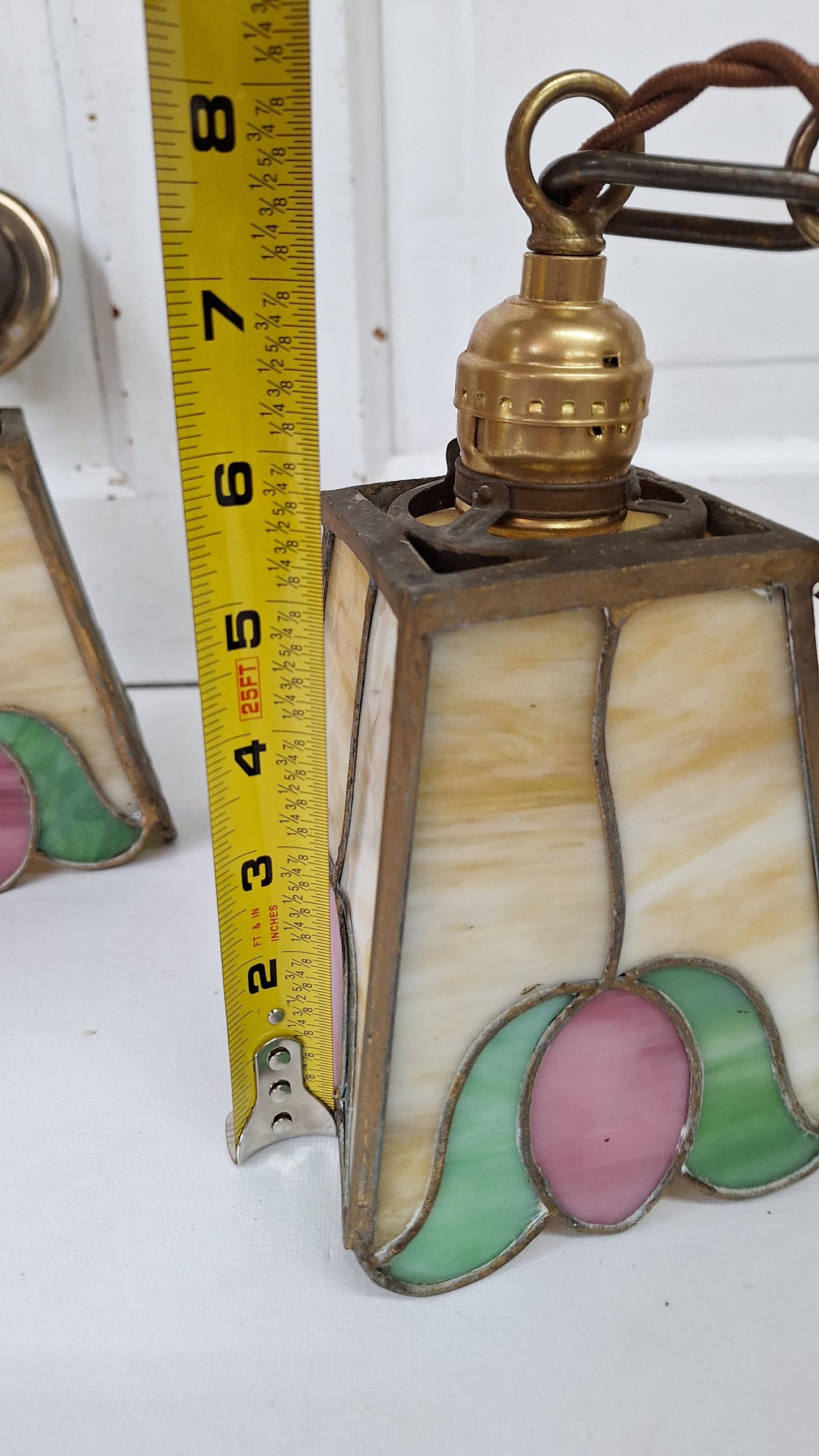 Pair of Stained Glass Antique Pendant Lights, Tulip Design Stained Glass Ceiling Lights, Green and Pink Glass 112201
