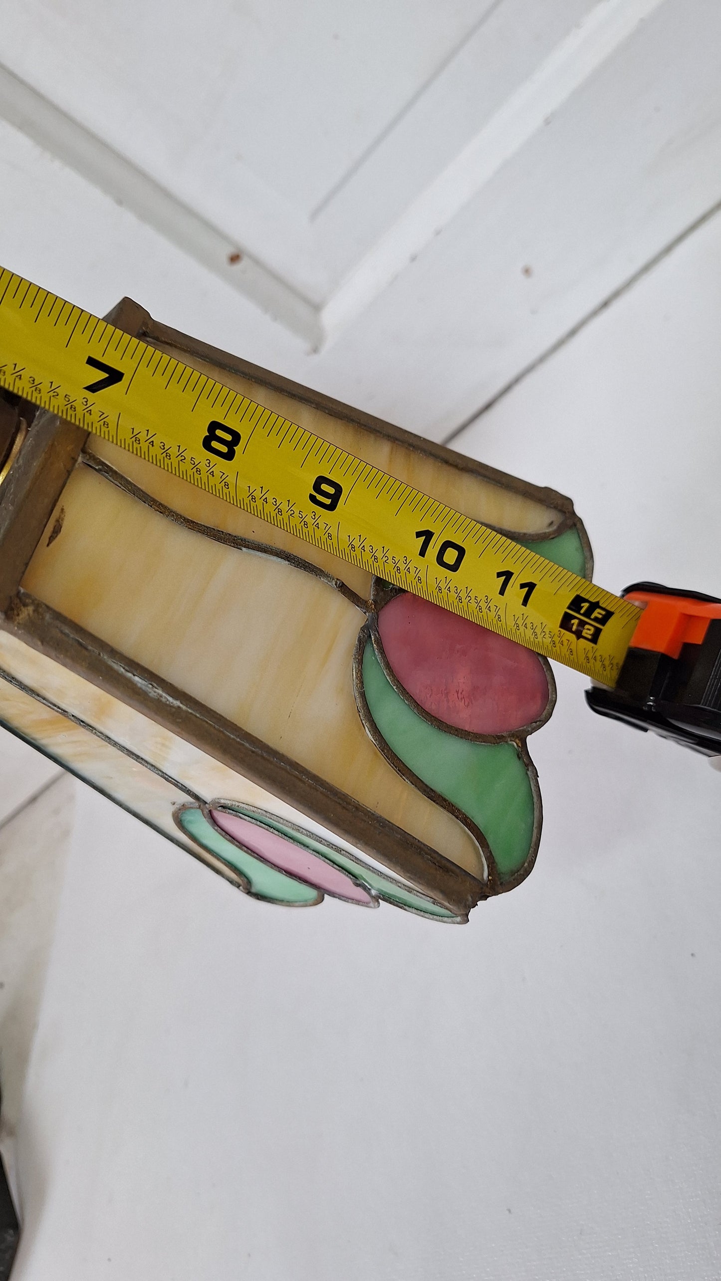 Pair of Stained Glass Antique Pendant Lights, Tulip Design Stained Glass Ceiling Lights, Green and Pink Glass 112201