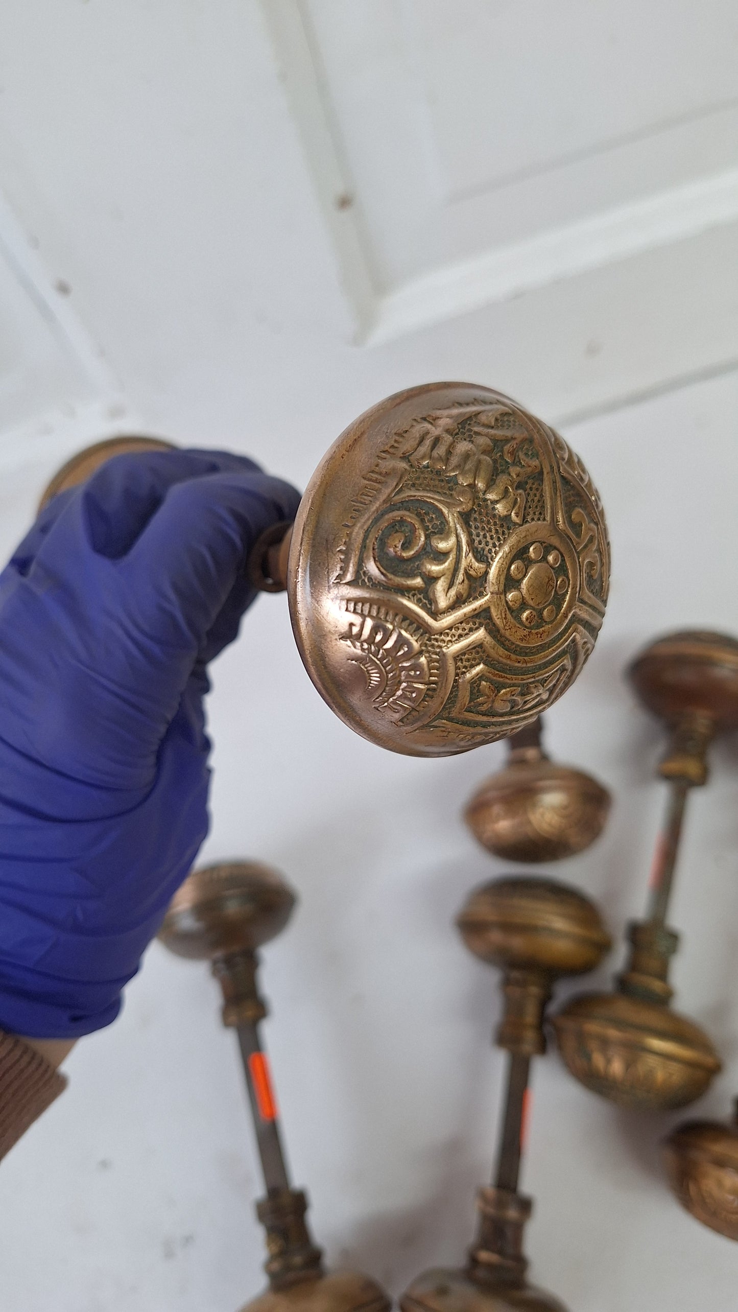 Corbin Ceylon Pattern Doorknobs, Pair of Eastlake Brass Door Knobs
