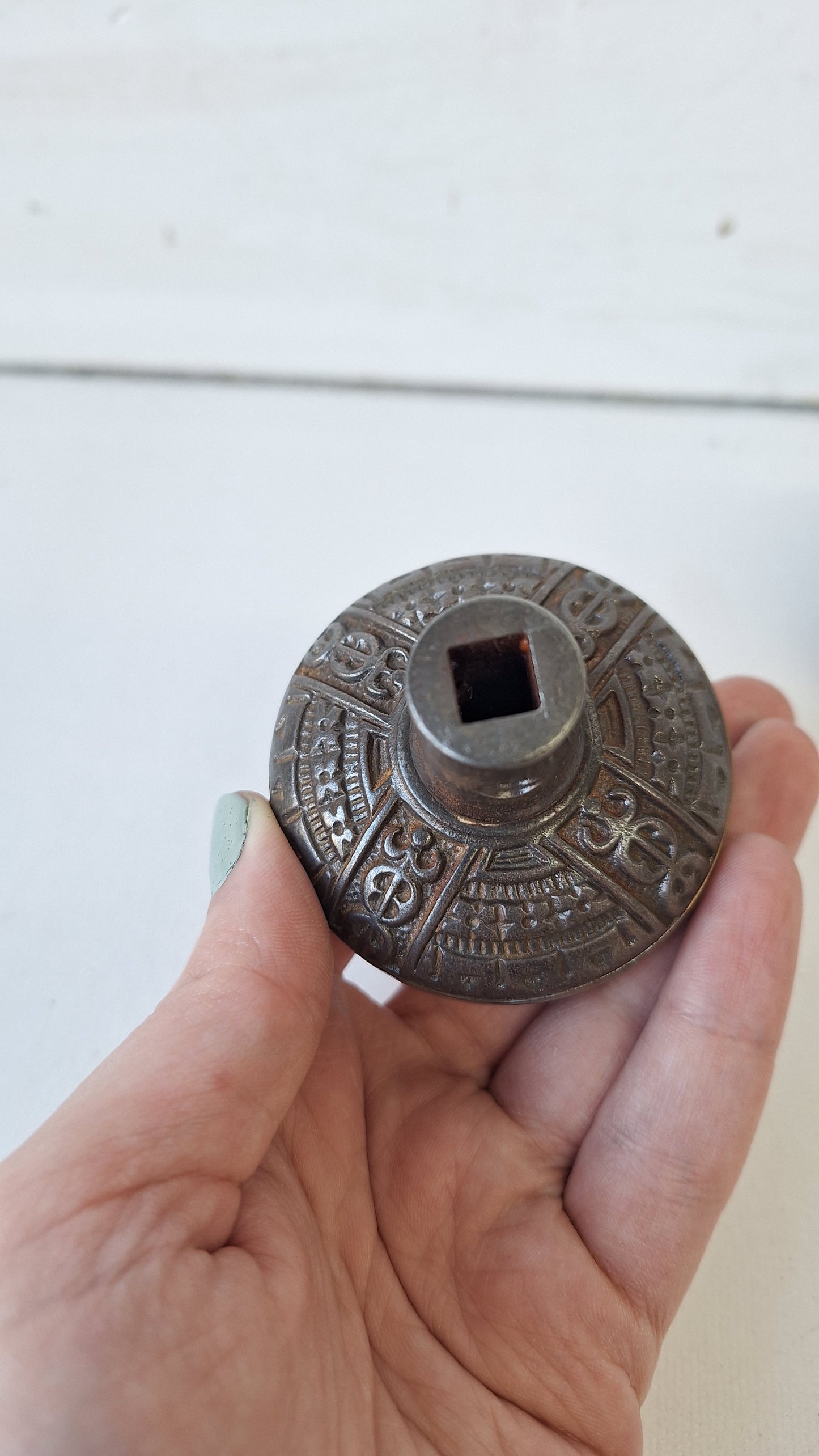 Pair of Asymmetrical Flower Design Iron and Bronze Antique Doorknob, Antique Flower Door Knob with Bronze Band, Architecture Salvage 012301