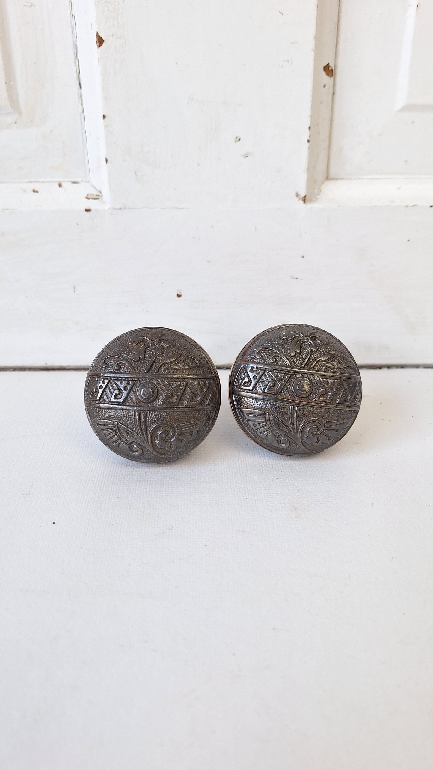 Pair of Asymmetrical Flower Design Iron and Bronze Antique Doorknob, Antique Flower Door Knob with Bronze Band, Architecture Salvage 012301
