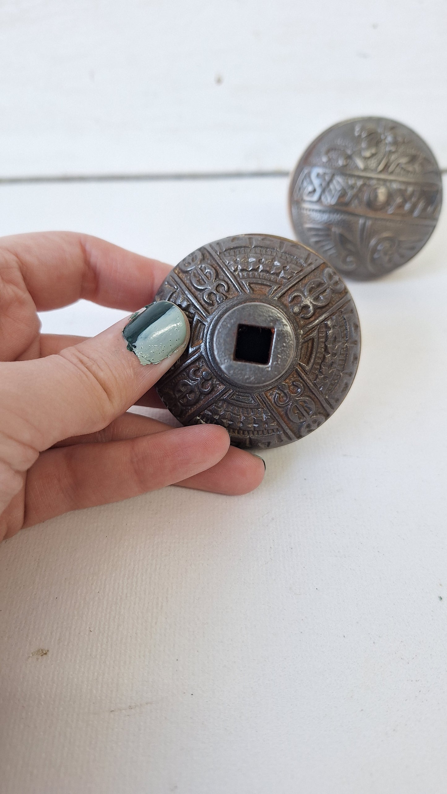 Pair of Asymmetrical Flower Design Iron and Bronze Antique Doorknob, Antique Flower Door Knob with Bronze Band, Architecture Salvage 012301