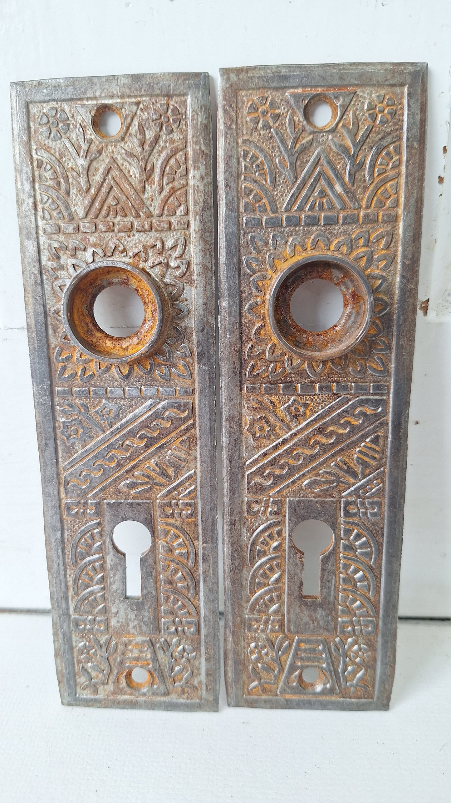 Two Eastlake Brass Backplates, Ceylon Pattern Back Plates, Antique Escutcheons 021502