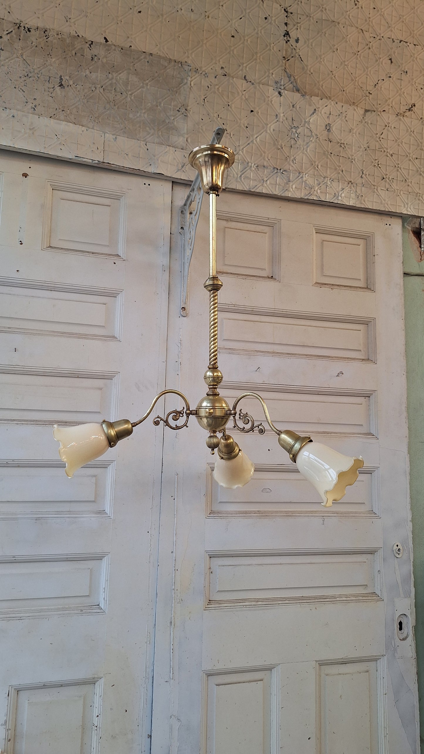 Early Electric Antique Chandelier, Victorian Era Brass Chandelier Light 021505
