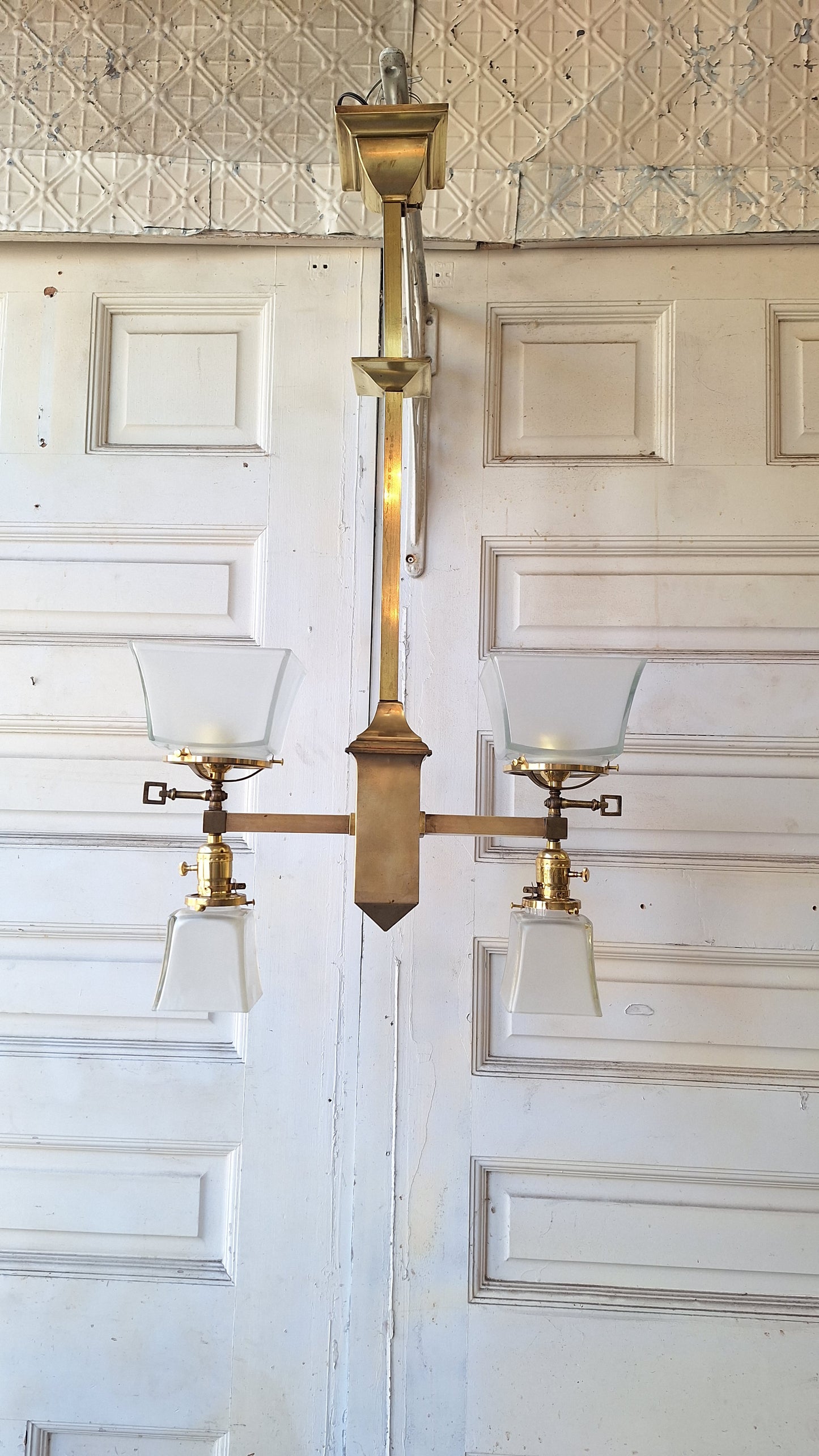 Mission Style Gas and Electric Chandelier with Square Shades, Antique Brass Arts and Crafts Light