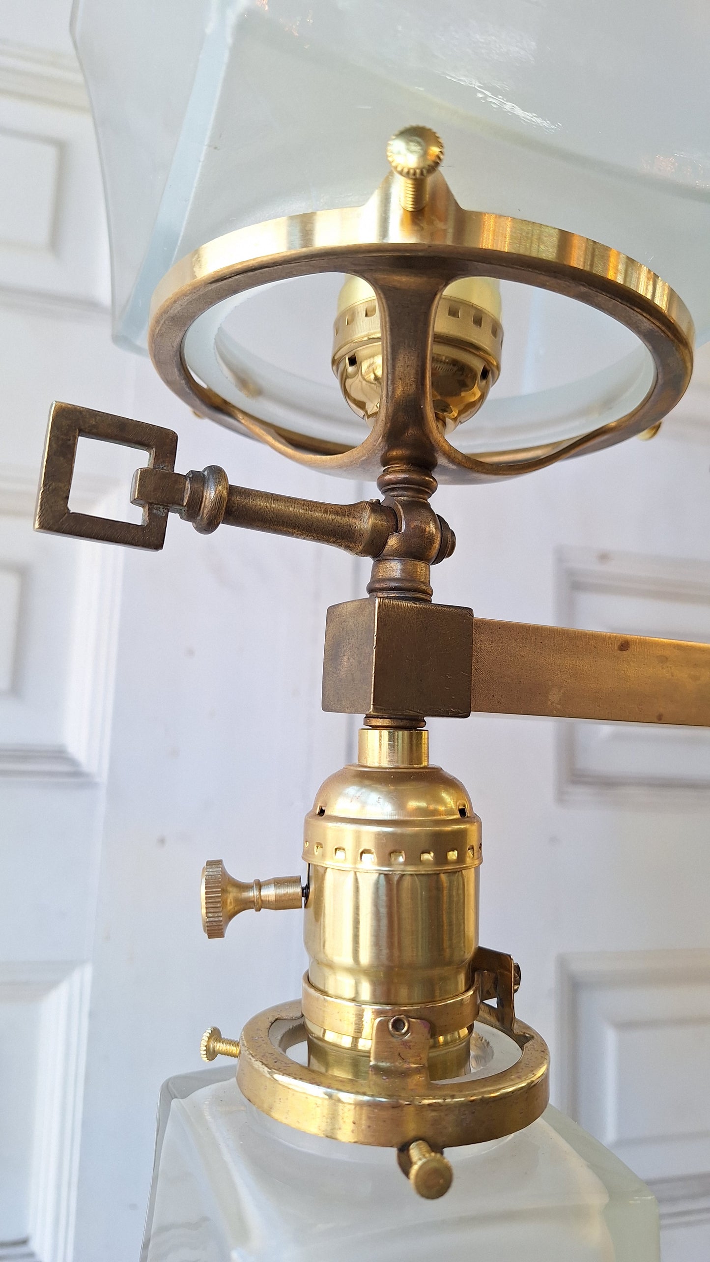Mission Style Gas and Electric Chandelier with Square Shades, Antique Brass Arts and Crafts Light