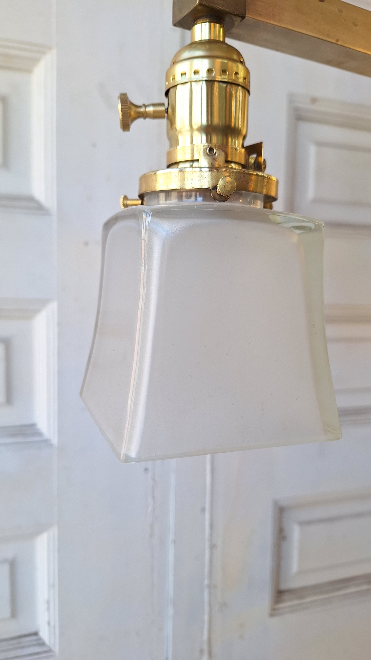 Mission Style Gas and Electric Chandelier with Square Shades, Antique Brass Arts and Crafts Light