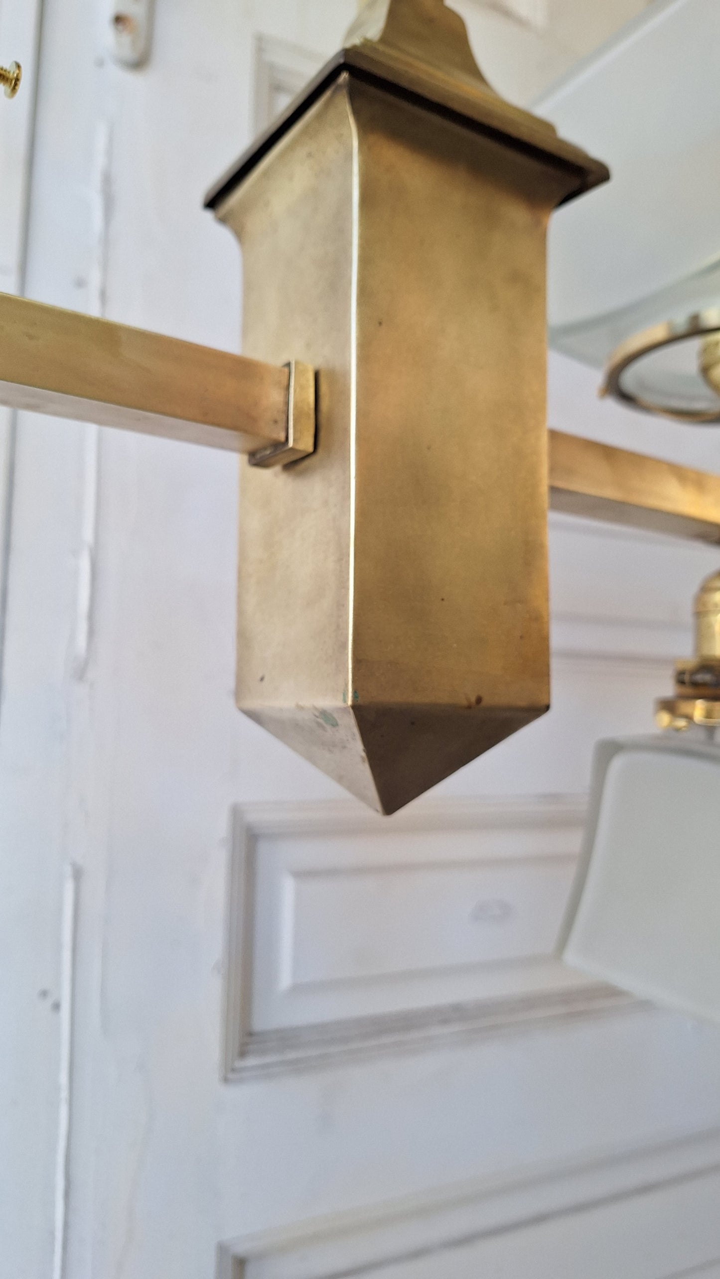 Mission Style Gas and Electric Chandelier with Square Shades, Antique Brass Arts and Crafts Light