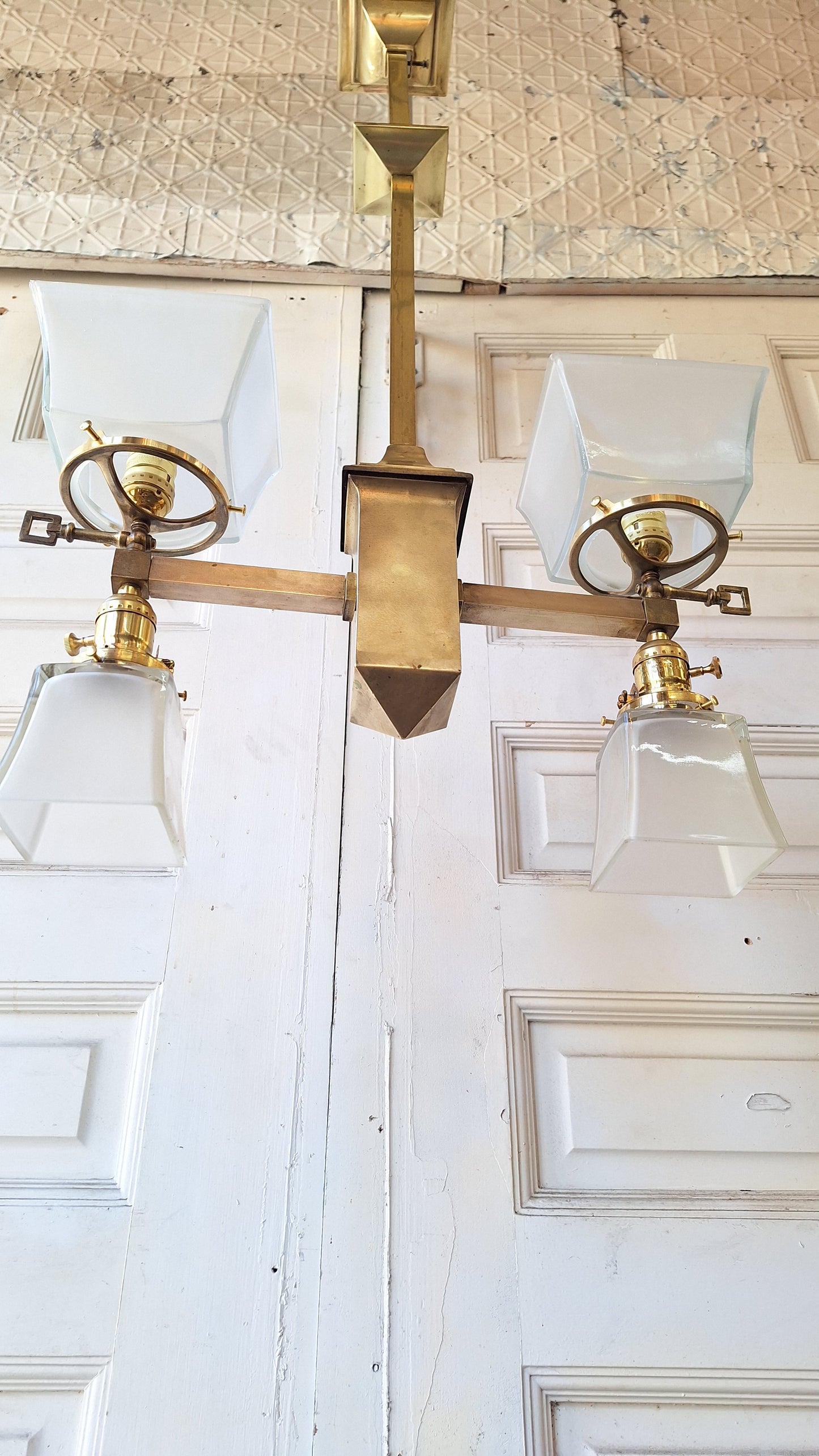 Mission Style Gas and Electric Chandelier with Square Shades, Antique Brass Arts and Crafts Light