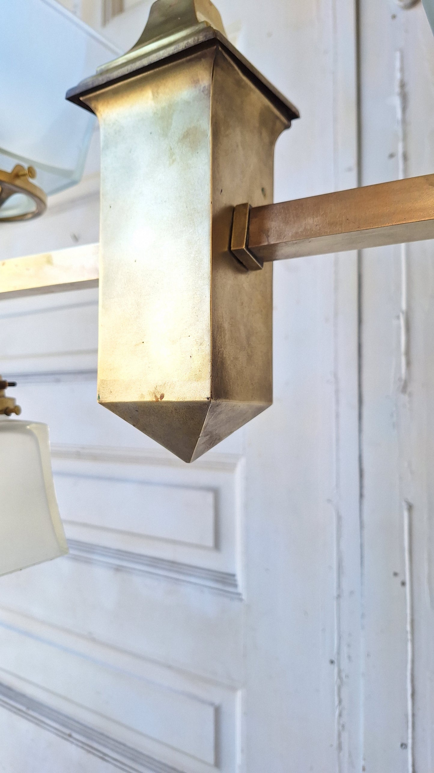 Mission Style Gas and Electric Chandelier with Square Shades, Antique Brass Arts and Crafts Light
