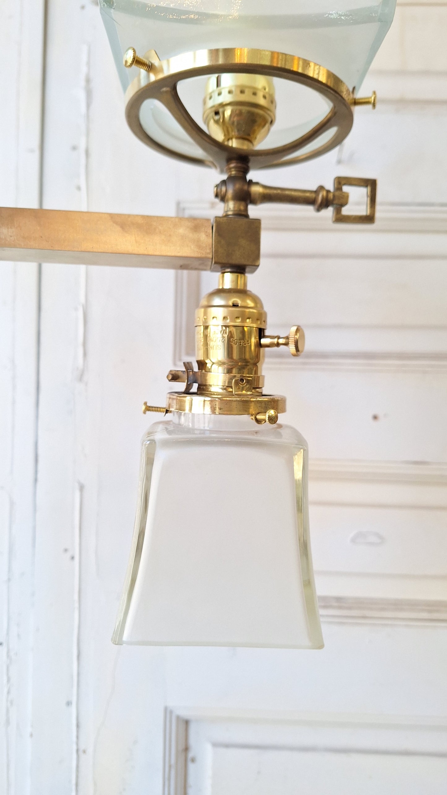 Mission Style Gas and Electric Chandelier with Square Shades, Antique Brass Arts and Crafts Light