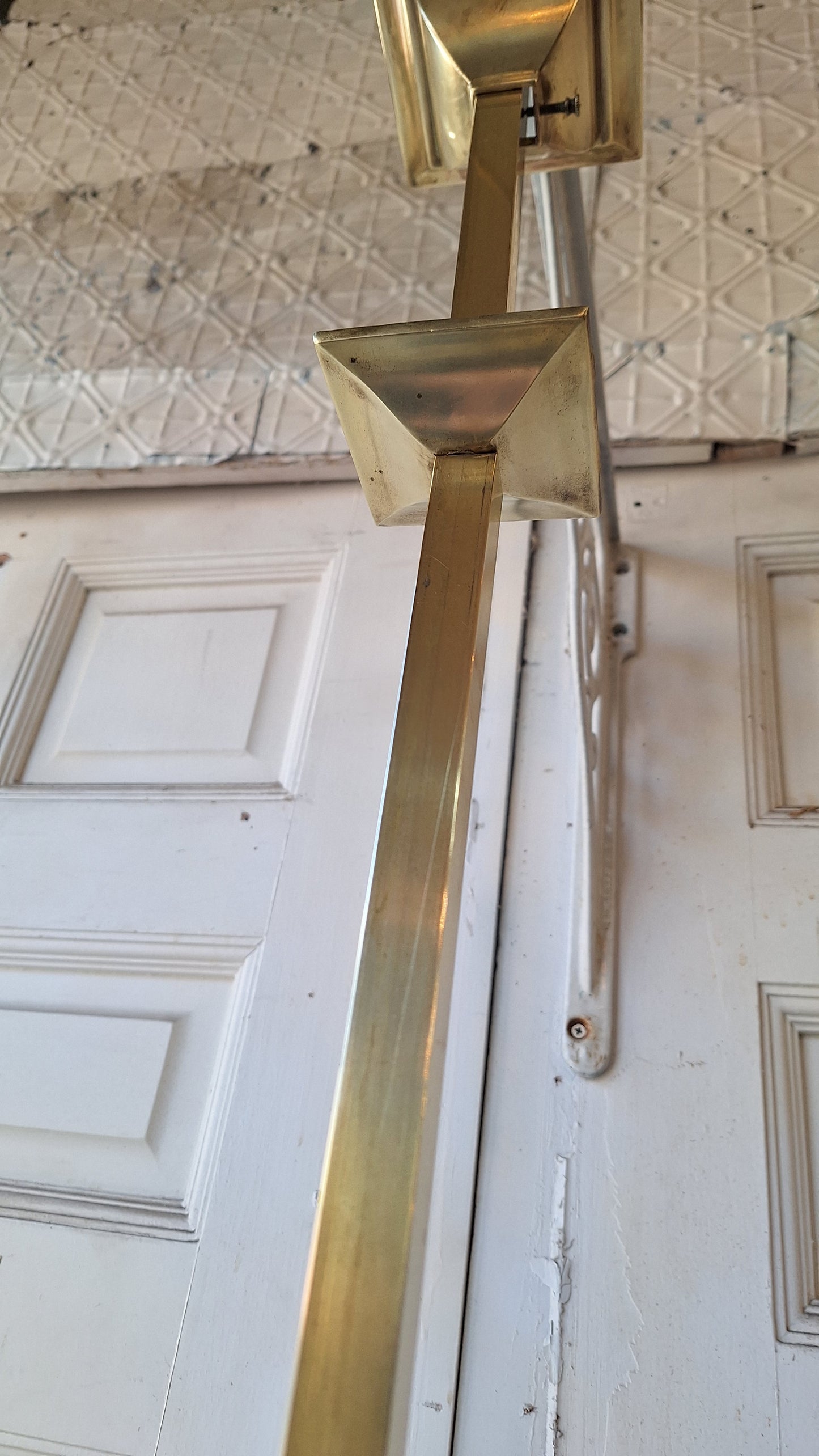 Mission Style Gas and Electric Chandelier with Square Shades, Antique Brass Arts and Crafts Light