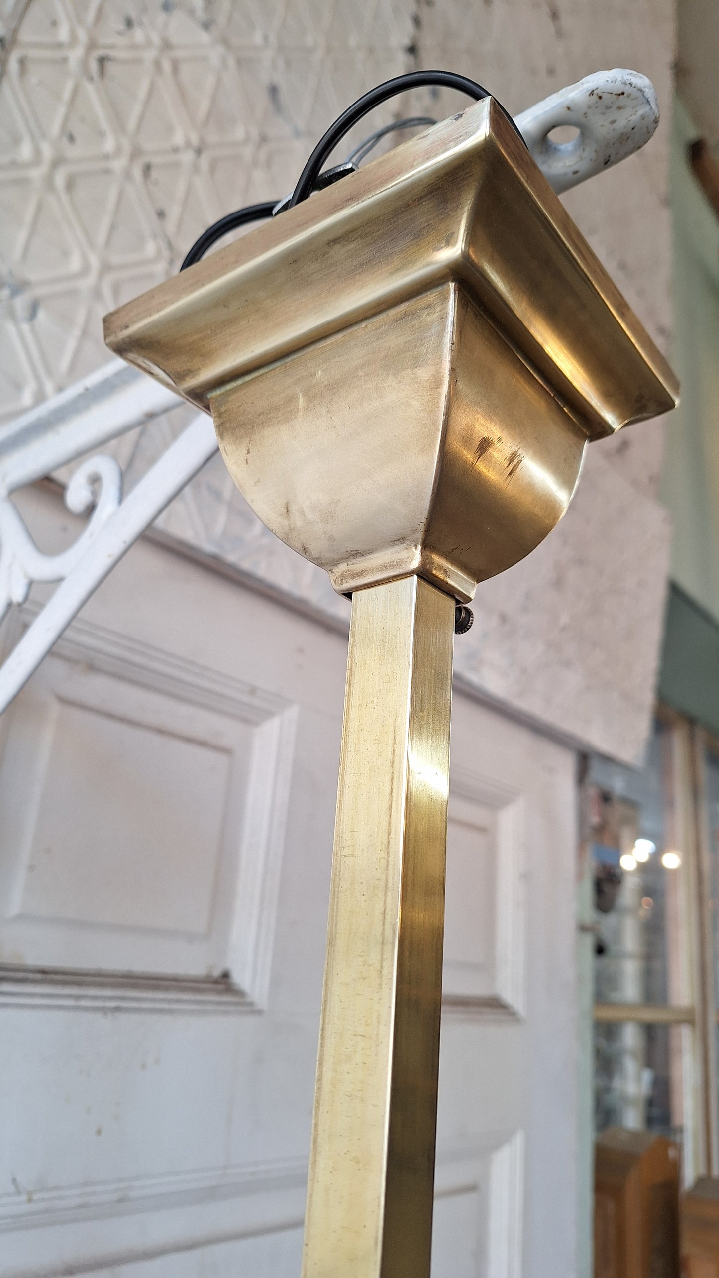 Mission Style Gas and Electric Chandelier with Square Shades, Antique Brass Arts and Crafts Light
