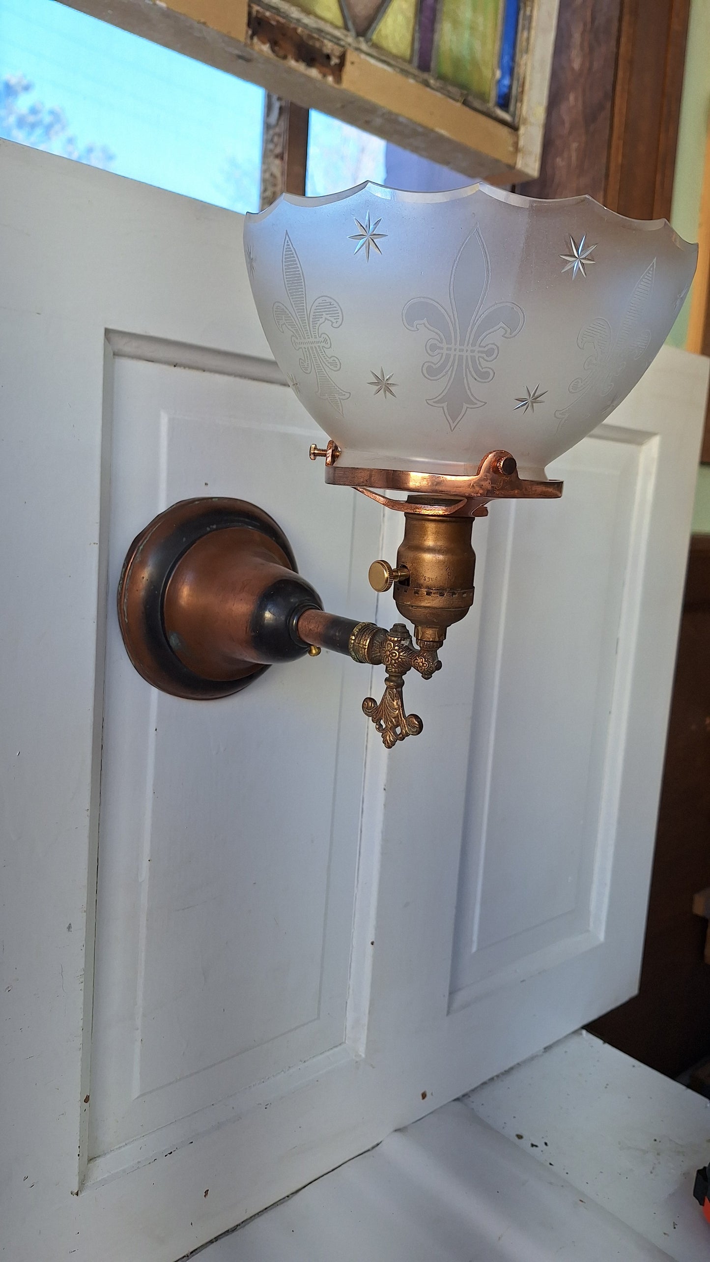 Fleur de Lis Antique Gas Sconce, Antique Converted Gas Wall Light, Copper Sconce with Frosted Shade