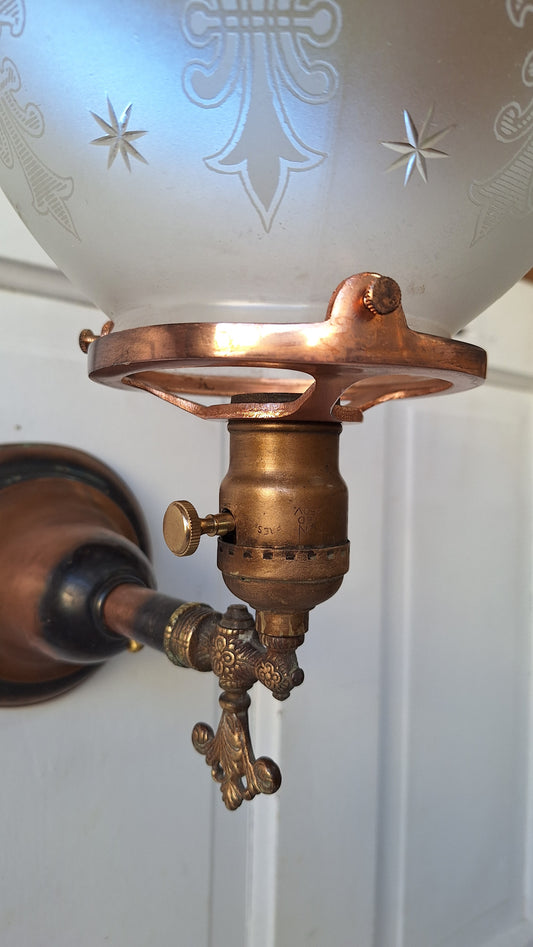 Fleur de Lis Antique Gas Sconce, Antique Converted Gas Wall Light, Copper Sconce with Frosted Shade