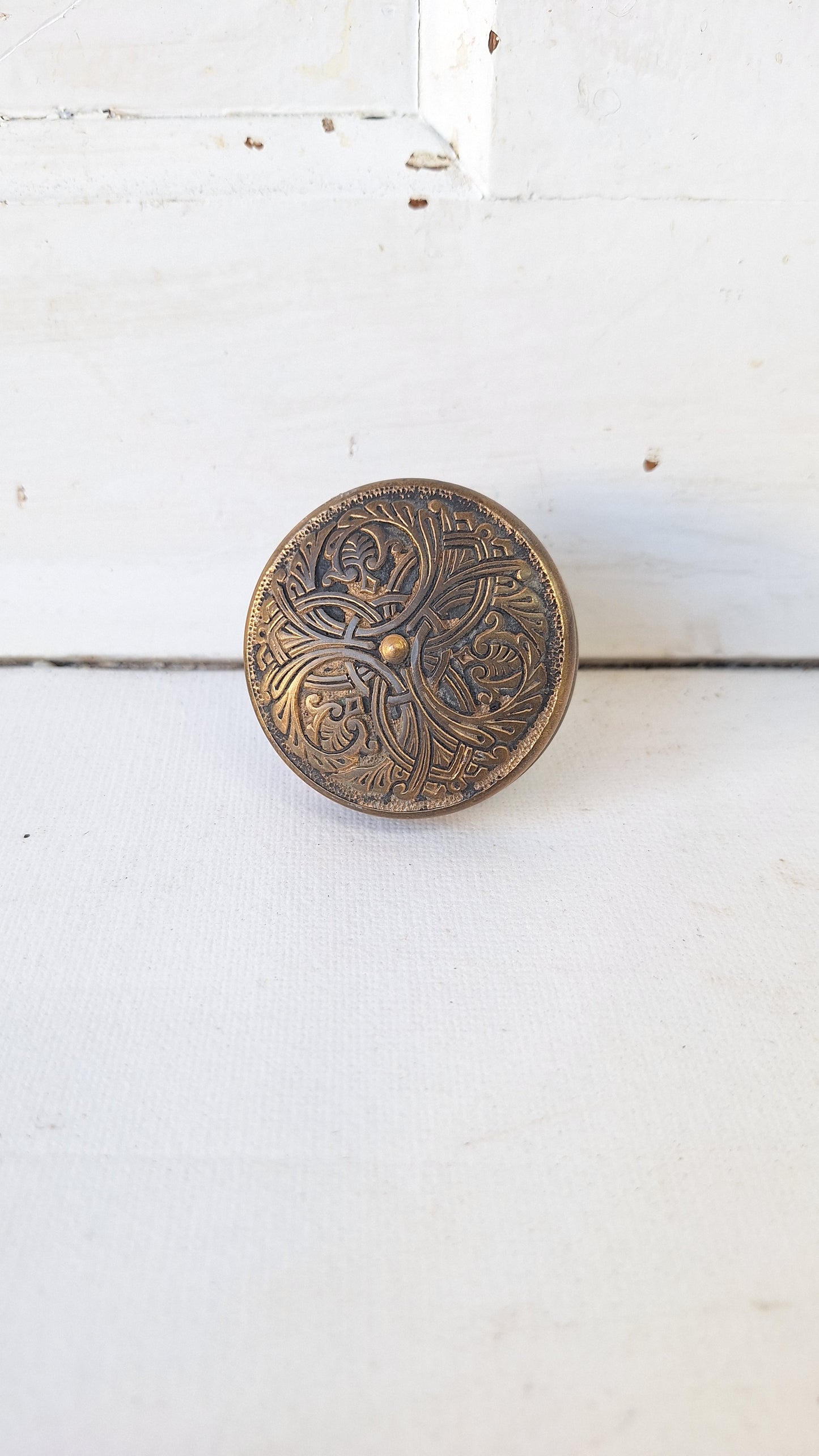Antique Branford Doorknob with Interlocking Design, Victorian Era, Fancy Brass Door Knob, Button Center Antique Door Handle 022706