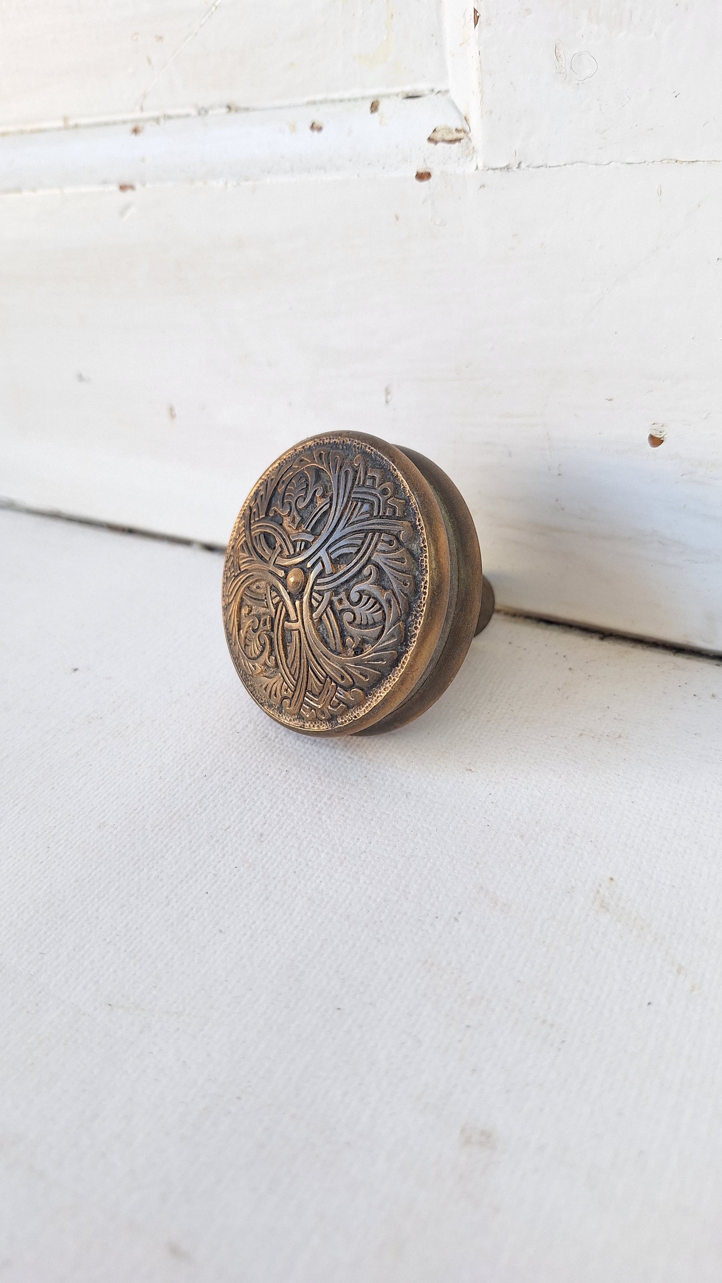 Antique Branford Doorknob with Interlocking Design, Victorian Era, Fancy Brass Door Knob, Button Center Antique Door Handle 022706