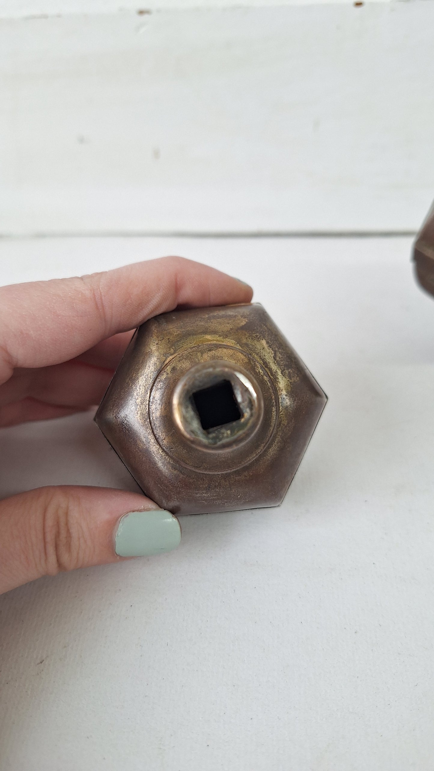 Pair of Hexagon Door Knobs, Stamped Steel Knobs, Antique Door Knobs, Art Deco Knobs, Art Deco Doorknobs 030404