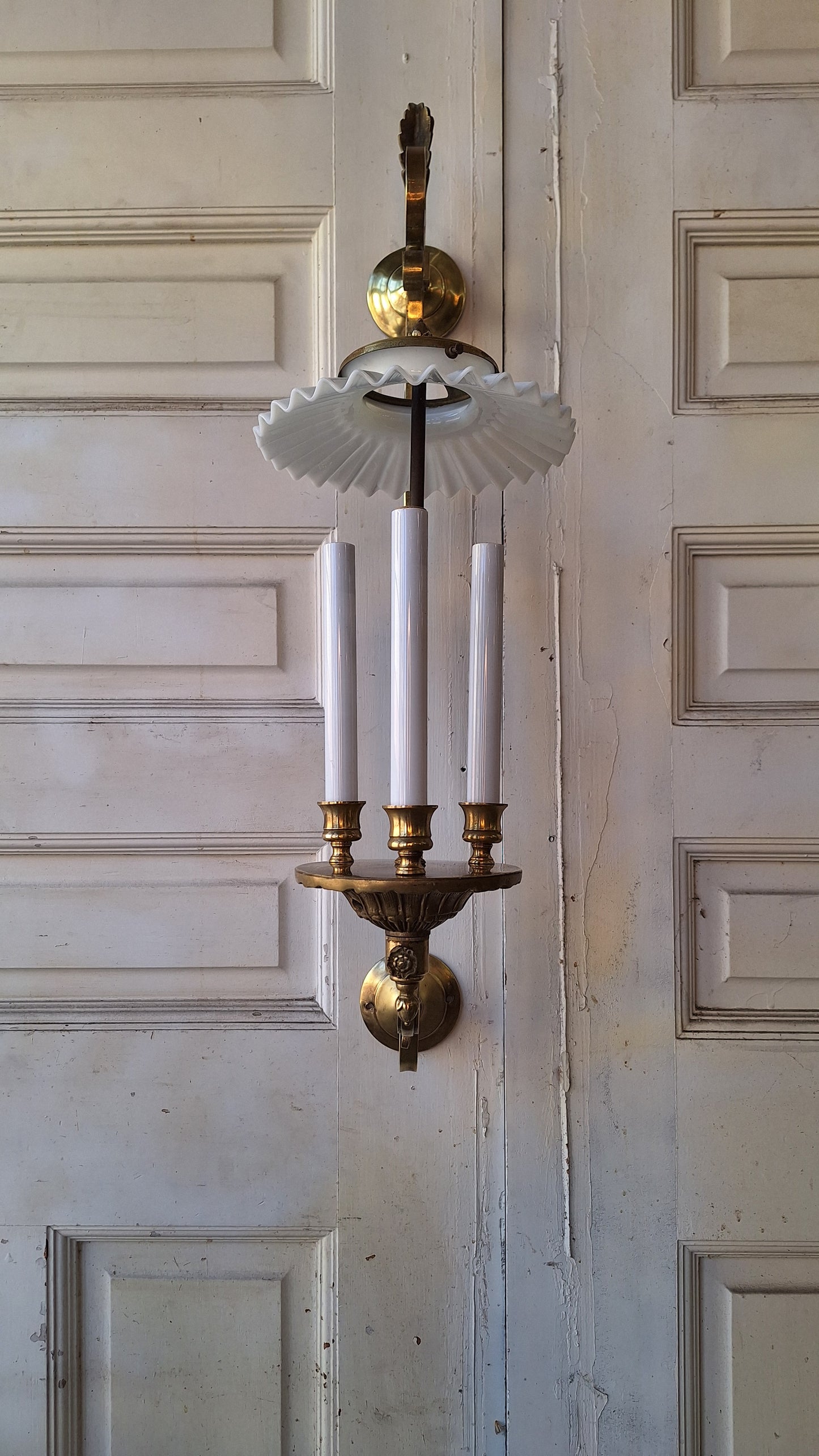 Large Bronze Sconce with Candle Sockets and Milk Glass Shade, Antique Large Wall Sconce, Architecture Salvage 031101